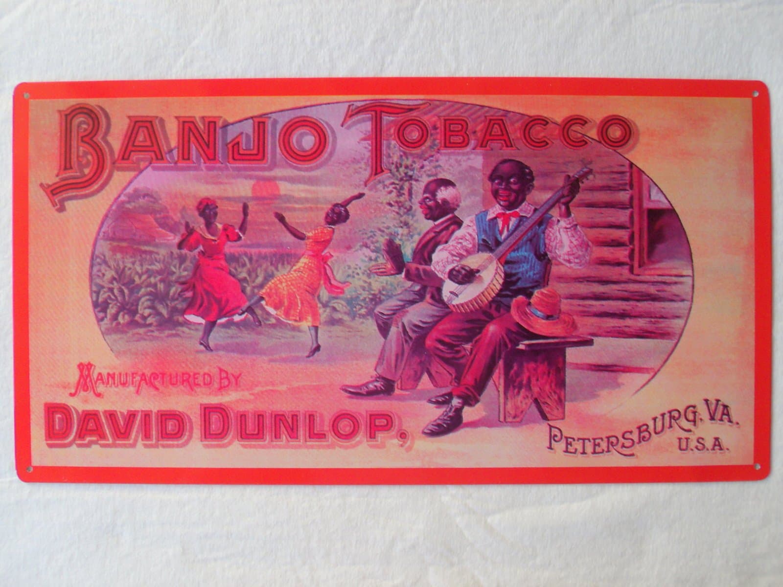 Black Americana Tin/Metal Advertising Sign,Vintage Banjo Tobacco,Rustic Cabin US