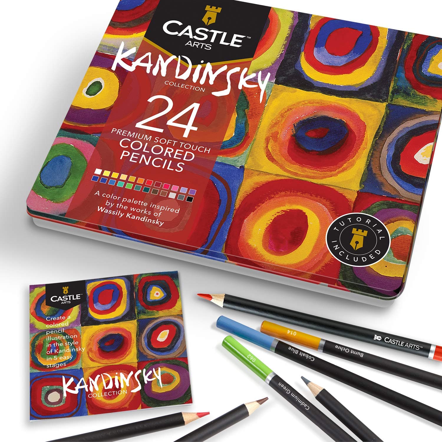 Themed 24 Coloured Pencil Set in Tin Box, perfect ‘Kandinsky’ inspired colours. Featuring quality, smooth coloured cores, superior blending & layering performance for great results