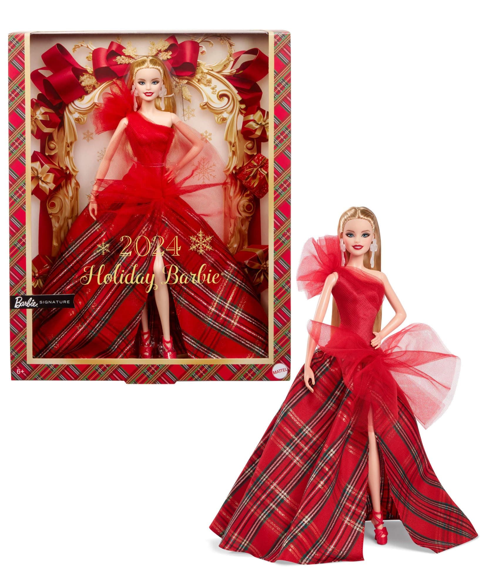 Barbie Signature Doll, 2024 Holiday Barbie Blonde Fashion Doll Wearing Gown with Plaid Skirt, Seasonal Collector Gift in Displayable Packaging, HRM65