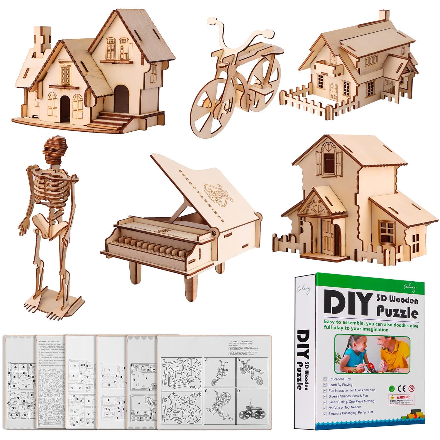 calary3D Wooden Puzzle 6 Pieces Set House & Bike & Piano & Human Skeleton Assembly DIY Model Toy for Kids and Adults