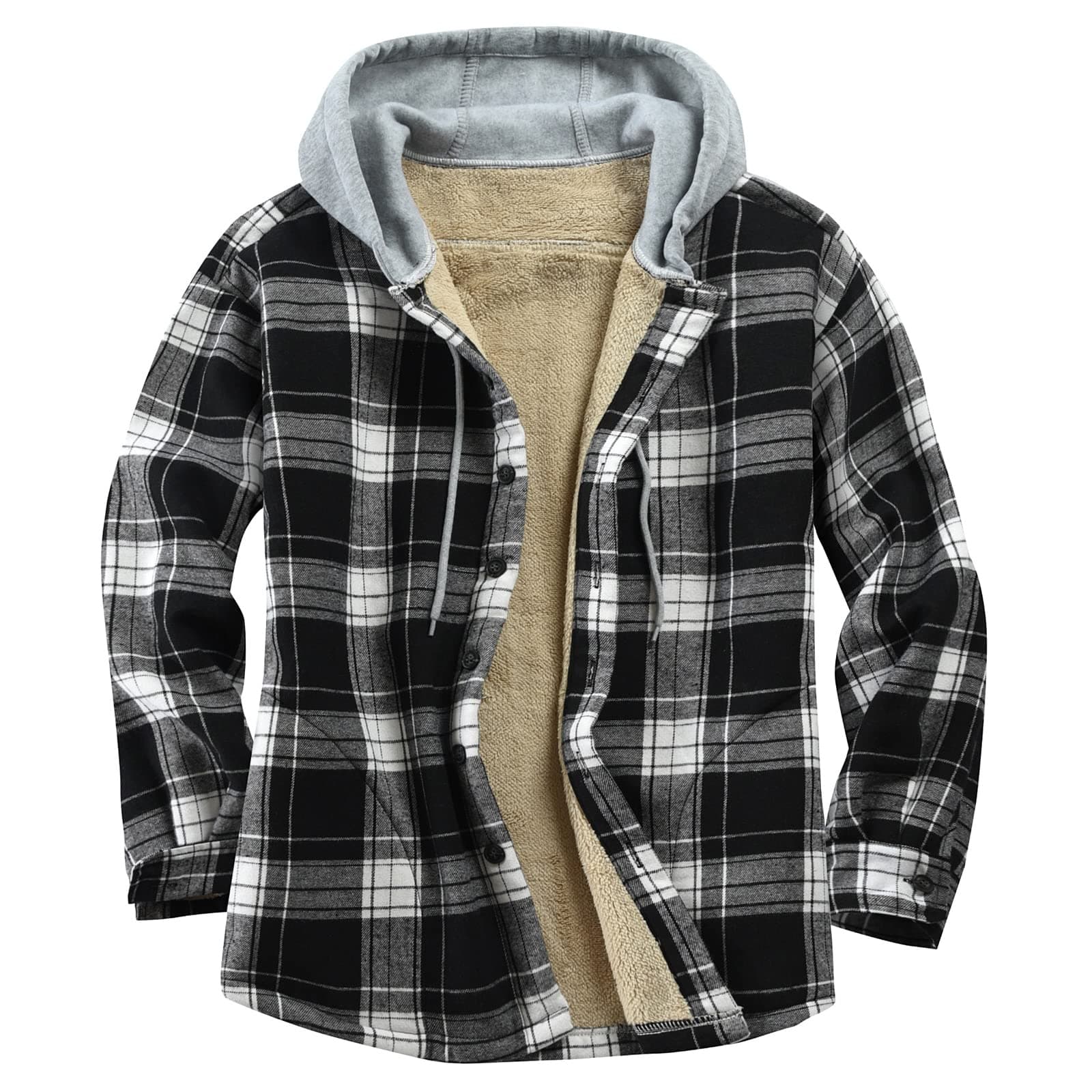 Men's Cotton Plaid Shirts Jacket Fleece Lined Flannel Shirts Sherpa Button Down Jackets with Hood for Men
