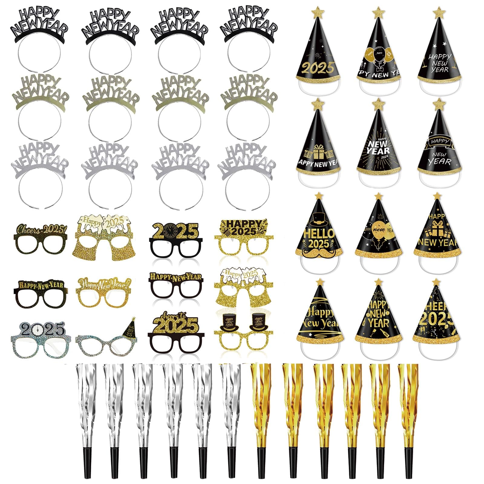 48PCS New Years Eve Party Supplies 2025 - Happy New Year Headbands New Year Glasses Noise Makers