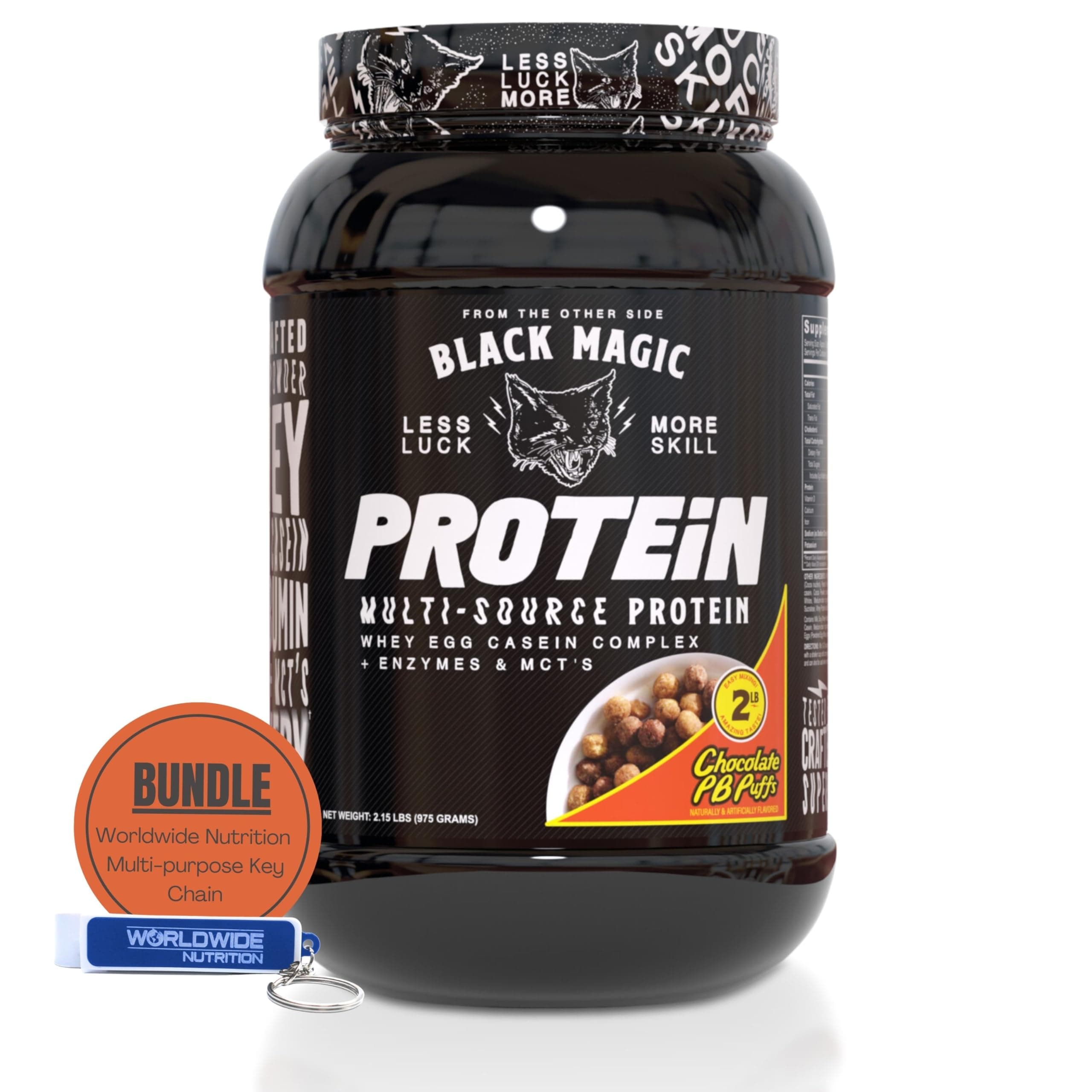 Worldwide Nutrition Bundle: Black Magic Multi-Source Casein Protein Powder-Whey, Egg Albumin Enzymes, Micellar Casein & MCT-Muscle Mass Gaining Bodybuilding-Chocolate PB Puffs 2LB & Keychain