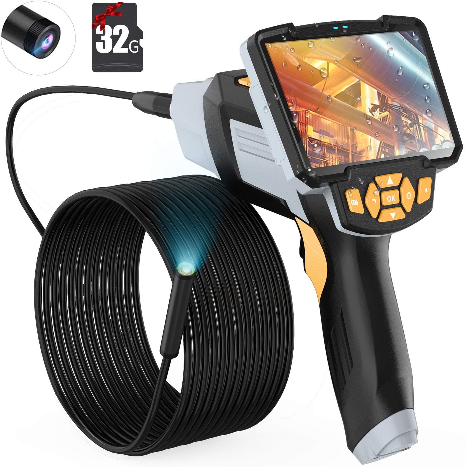Industrial Endoscope, TOGAVE 1080P Borescope Inspection Camera, Waterproof 4.3 Inch LCD Screen Digital Snake Camera with 33 FT Semi-Rigid Cable, 6 LED Lights and 32GB TF Card.