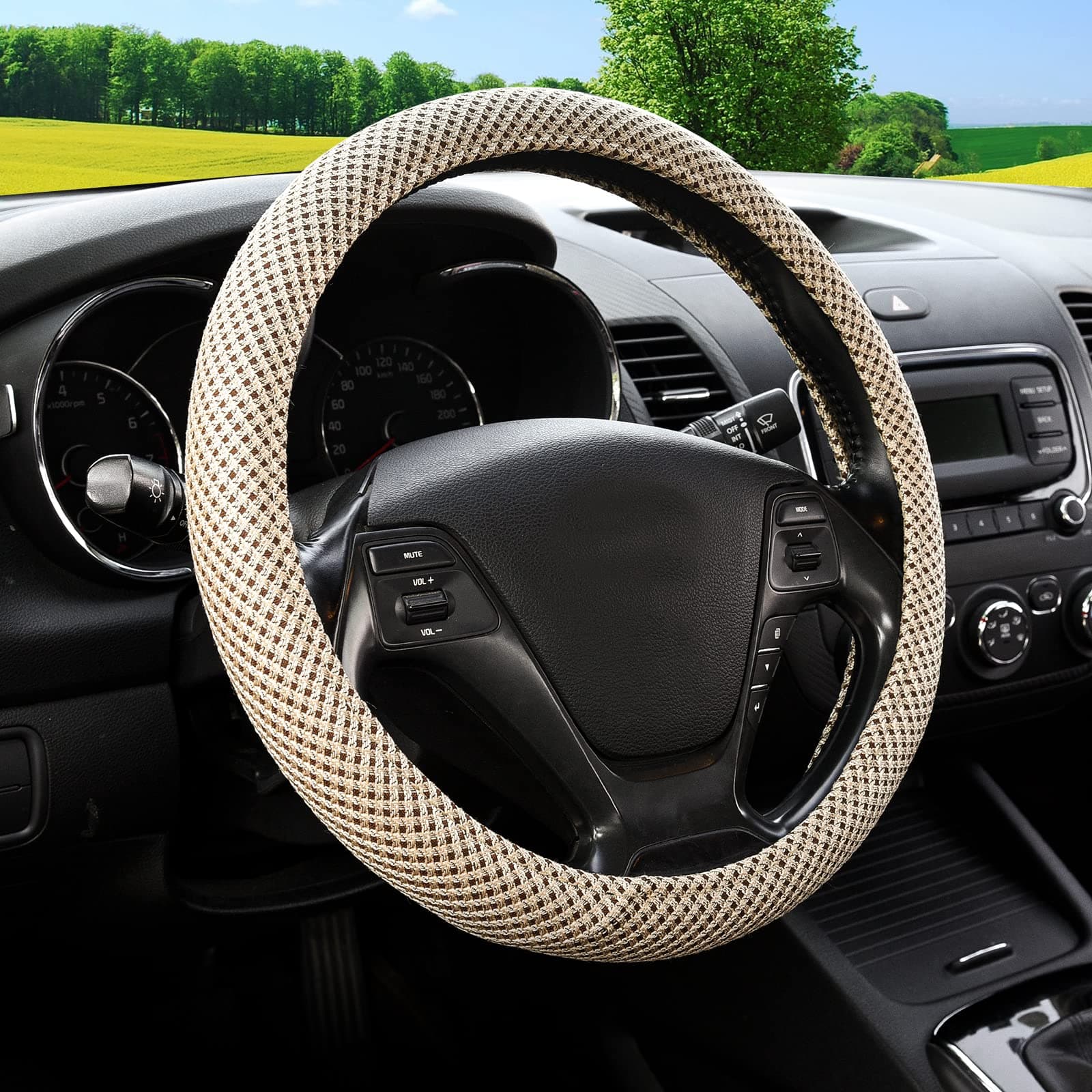 Rueesh Car Steering Wheel Cover, Universal 15 inch, Anti Slip Microfiber Viscose, Breathable Ice Silk, Auto Wheel Protector Cover, Beige