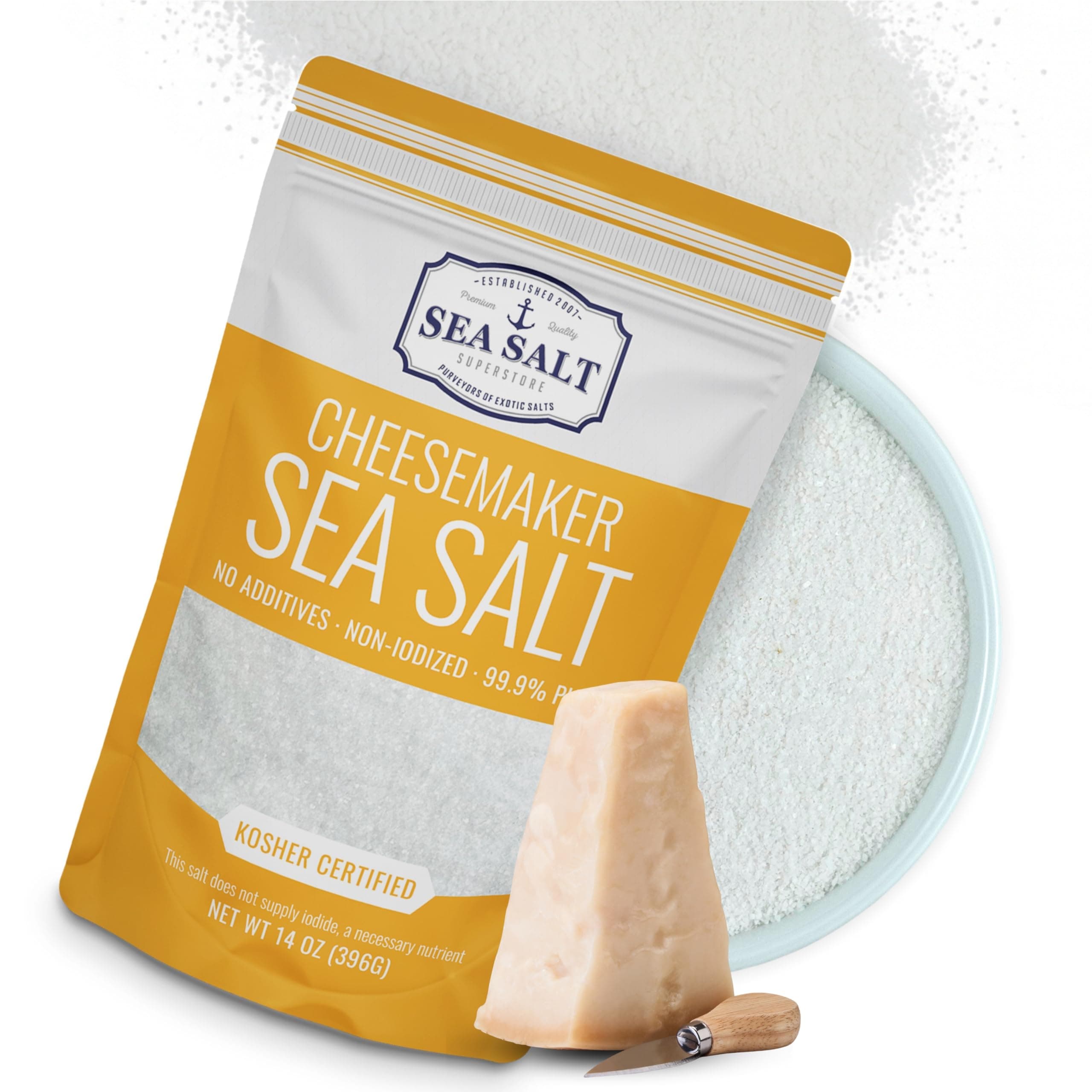 Fine Sea Salt for Homemade Cheese Making, Gluten-Free and Non-Iodized, Flaky Salt, Kosher Cheese Kit Essential, 14 oz Bag