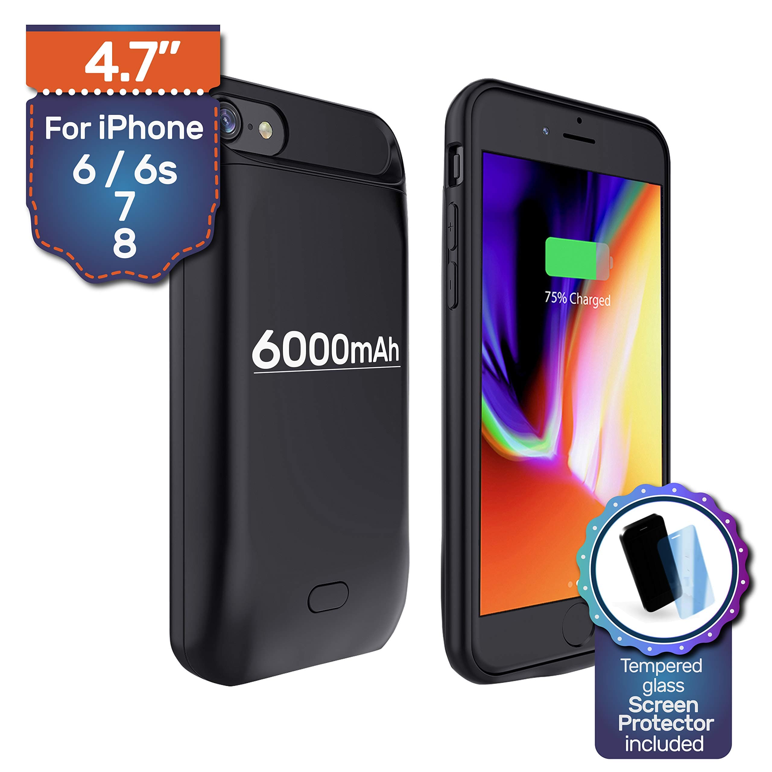 Never Run Out NRO Battery Case for iPhone 6 6s 7 8 (4.7”) 6000mAh Portable Rechargeable Extended Battery Pack Protective Charging Case with Tempered Glass Screen Protector & Metal Ring Stand…