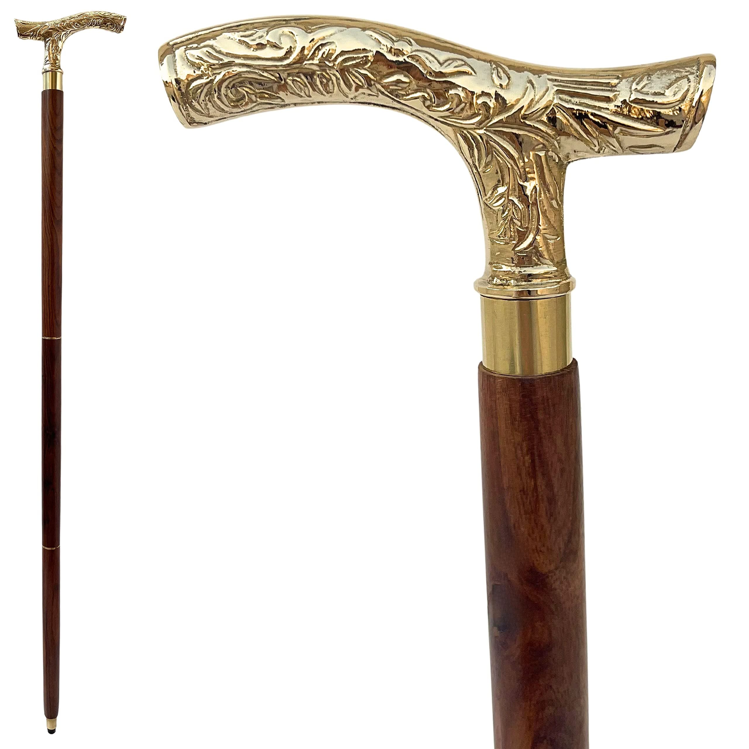 SouvNear Derby Canes and Ebony Brass T Shape Handle in Golden Tone Natural Wood Walking Stick for Men and Women - (Brown, 37")