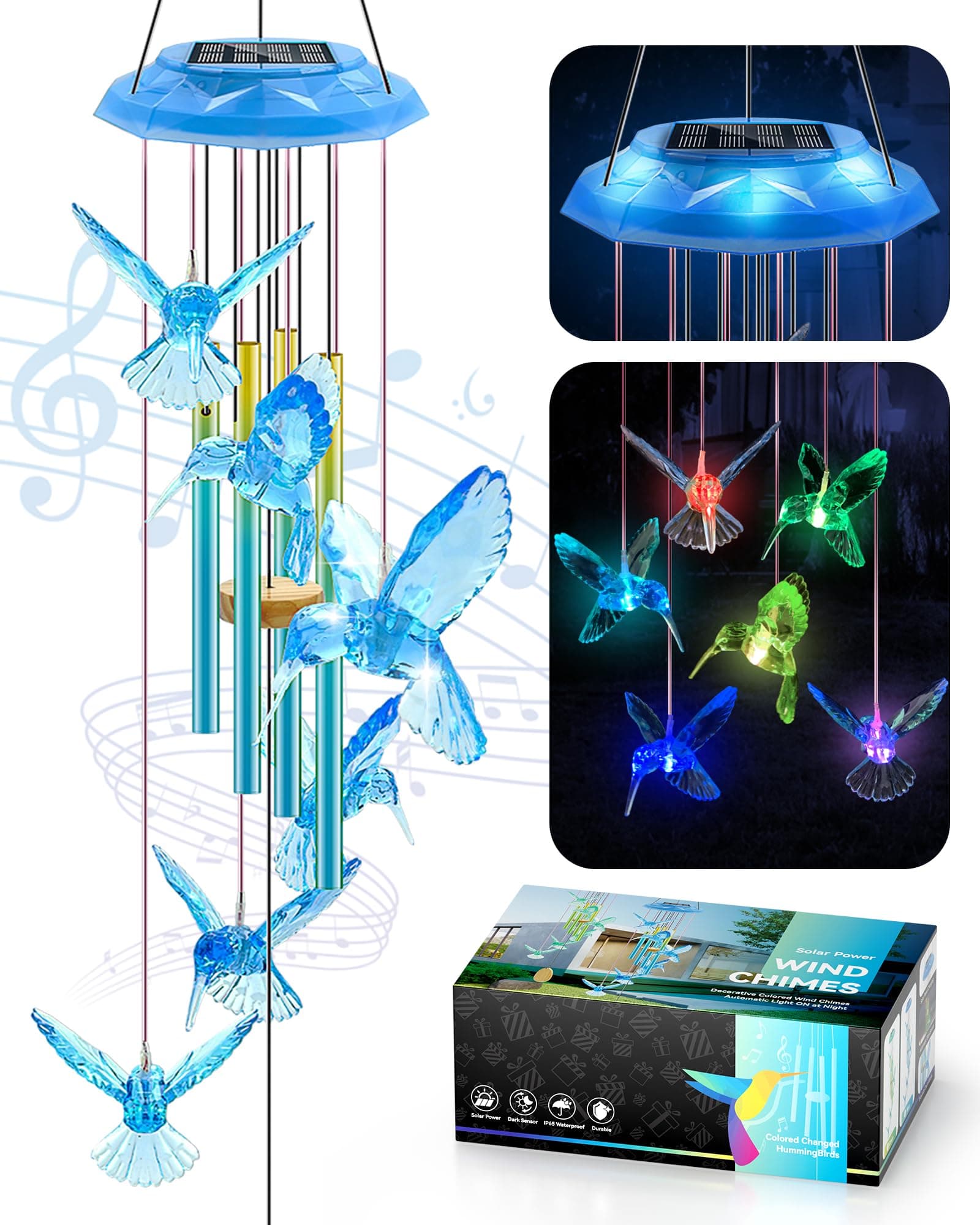 Solar Hummingbird Wind Chimes,Gifts for Women/mom/her, Glowing Top Changing Colors LED Wind Chimes for Outside, Outdoor Decoration Light for Garden Yard (Blue)