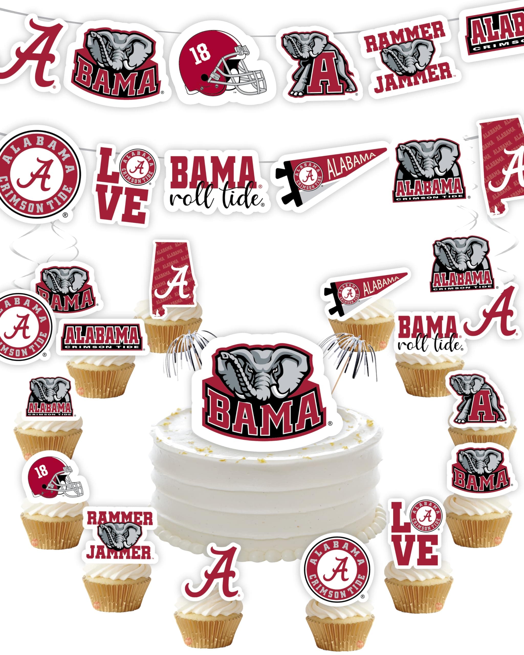 University of Alabama Party Supplies for Bama Football, Roll Tide Birthday Gift, UA Graduation Party Banner and Cake Toppers Roll Tide (42 Pieces) (Alabama Crimson Tide)