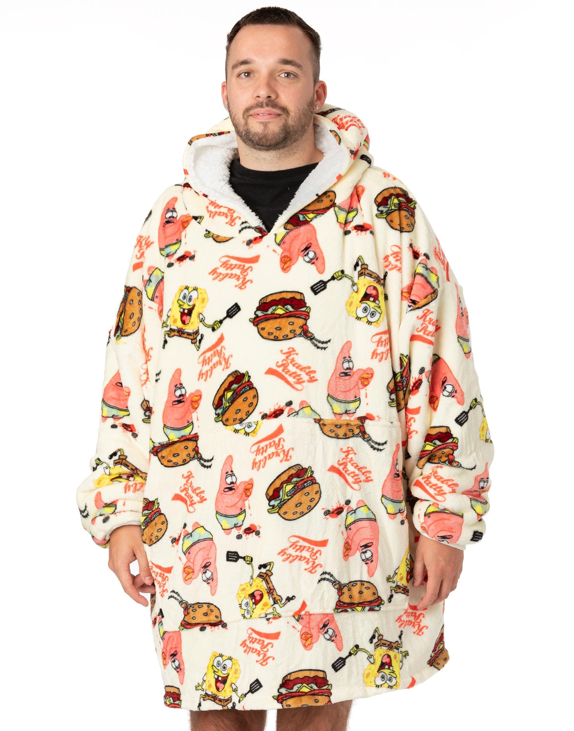 SPONGEBOB SQUAREPANTS Oversized Blanket Hoodie Adults | Mens Women Patrick Plankton Krabby Patty Burger Fluffy Double Lined Sherpa Fleece | One Size Big Pocket Cream