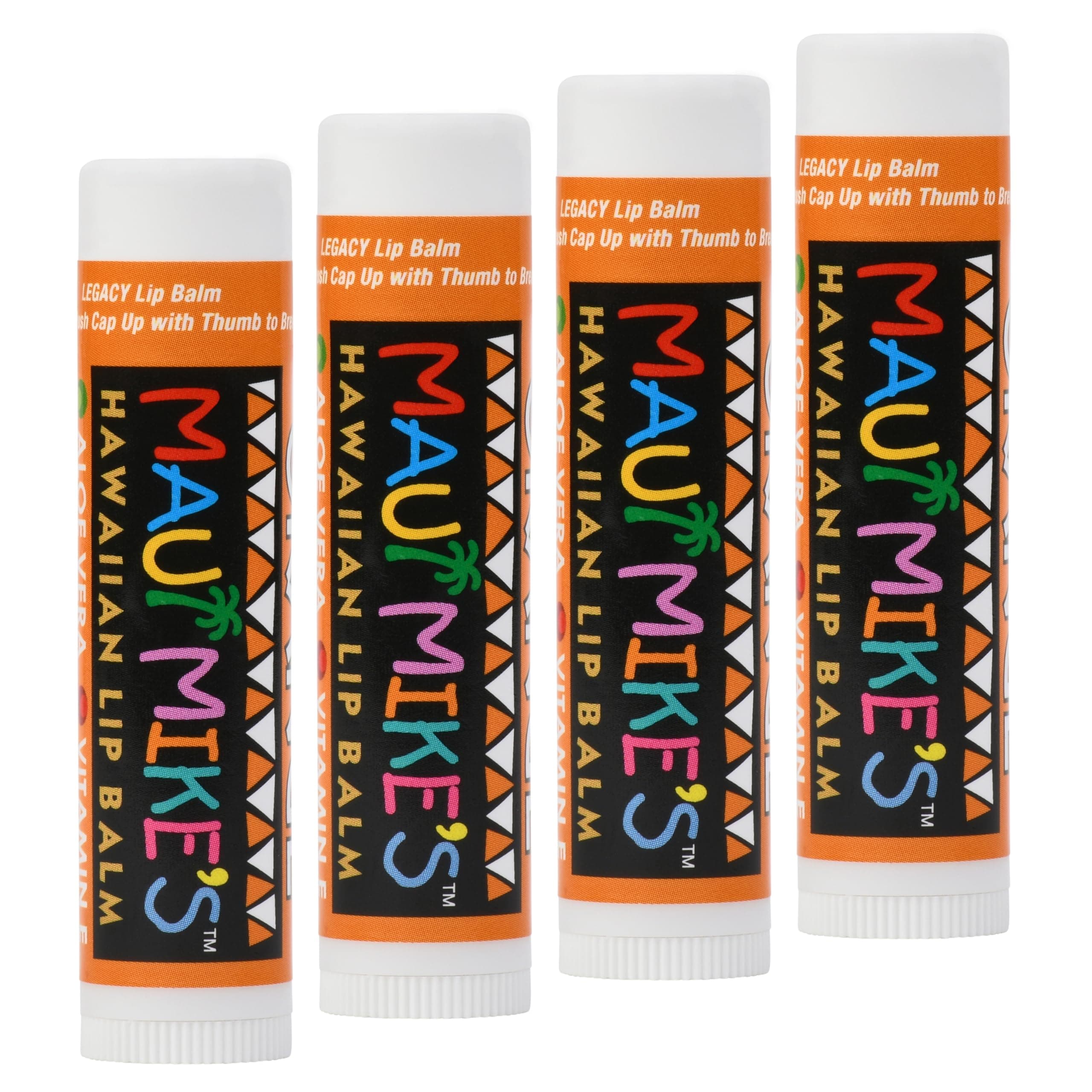 Lip Balm in Orange (4 Pack) Vitamin E, Aloe Vera and Beeswax. Take Your Lips on a Hawaiian Vacation. Moisturizing and Smooth. Glides on Smooth Like the Perfect Wave.