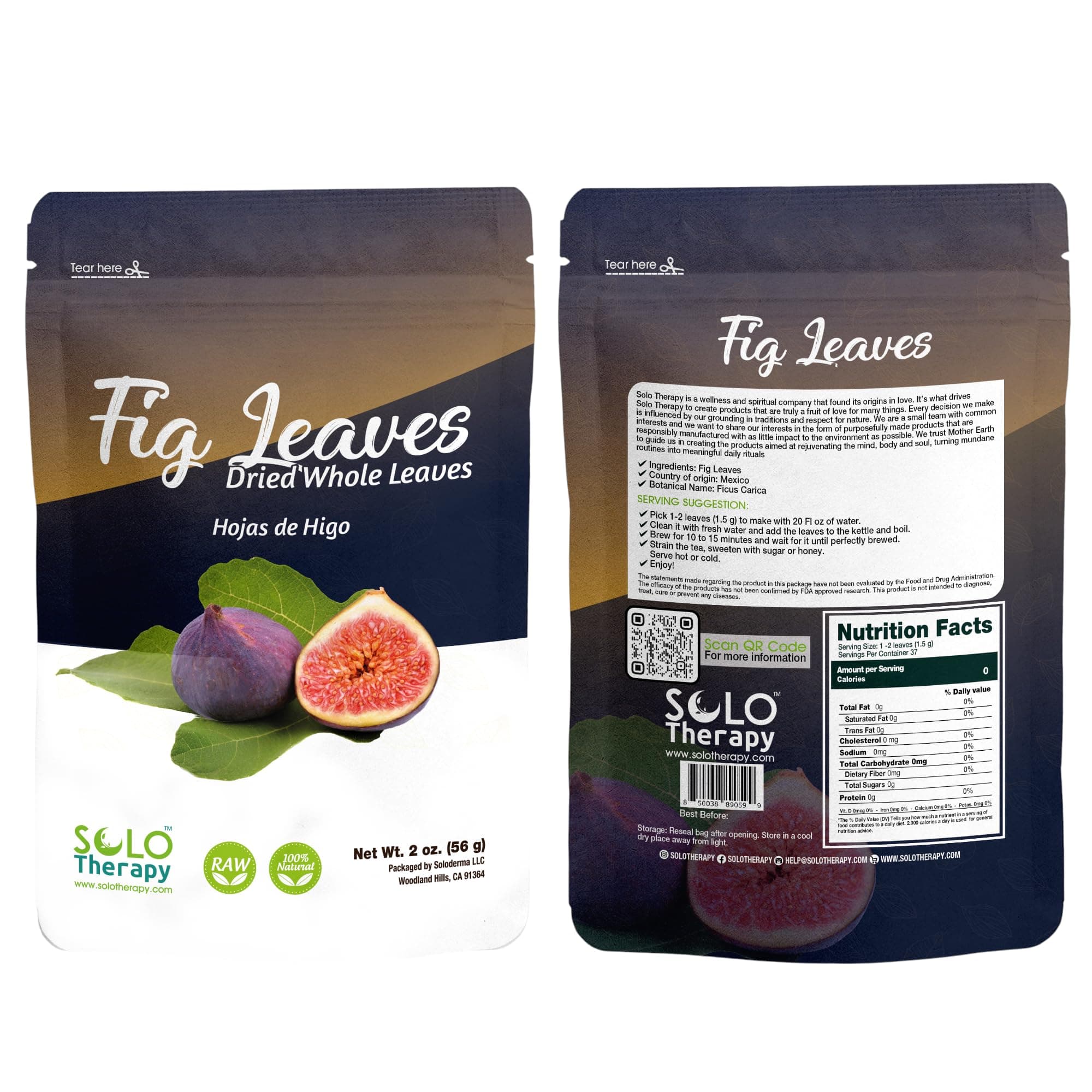 Fig Leaves Herbal Tea 2 oz (56 g) Hoja De Higo Te, Stand Up Resealable Bag, Fig Leaf Tea, Fig Dried Whole Leaves