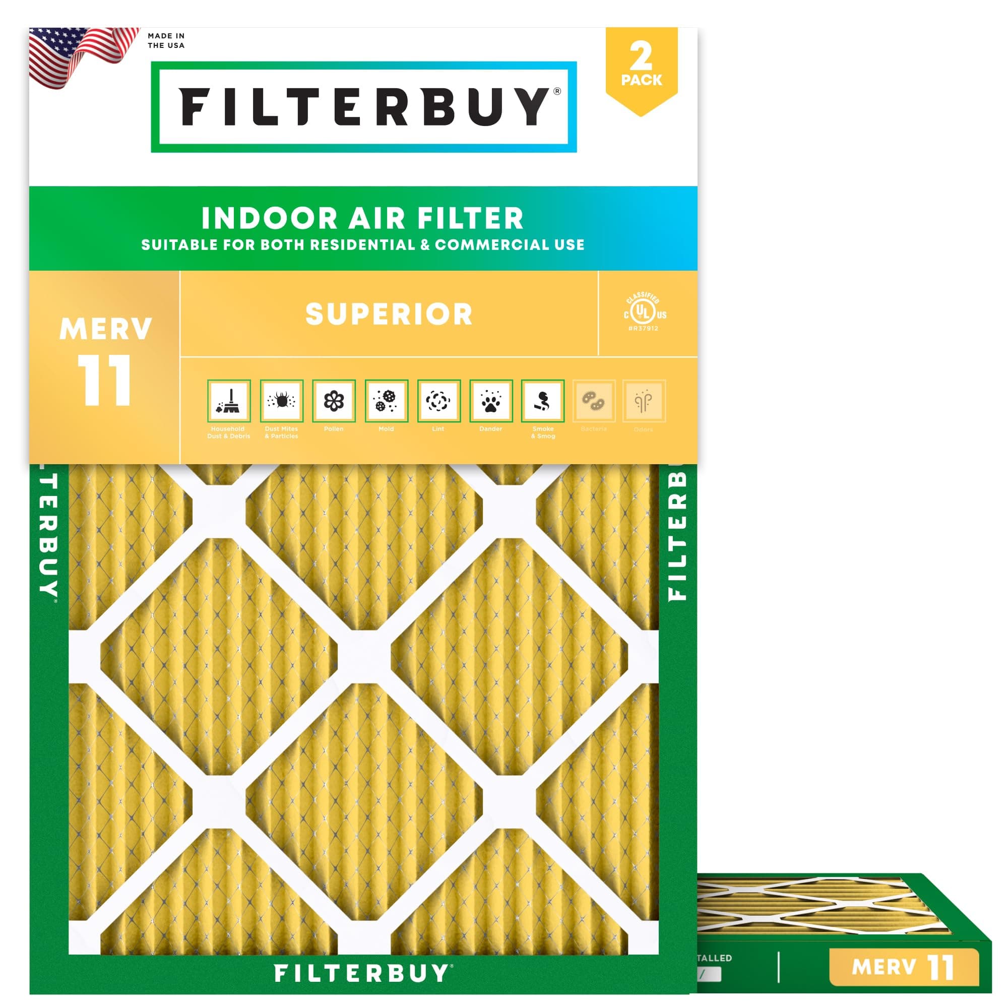 Filterbuy 13x20x1 Air Filter MERV 11 Superior Pet & Allergy Defense (2-Pack), Electrostatic Pleated HVAC AC Furnace Filters Replacement, Made in USA (Actual Size: 12.88 x 19.88 x 0.75)