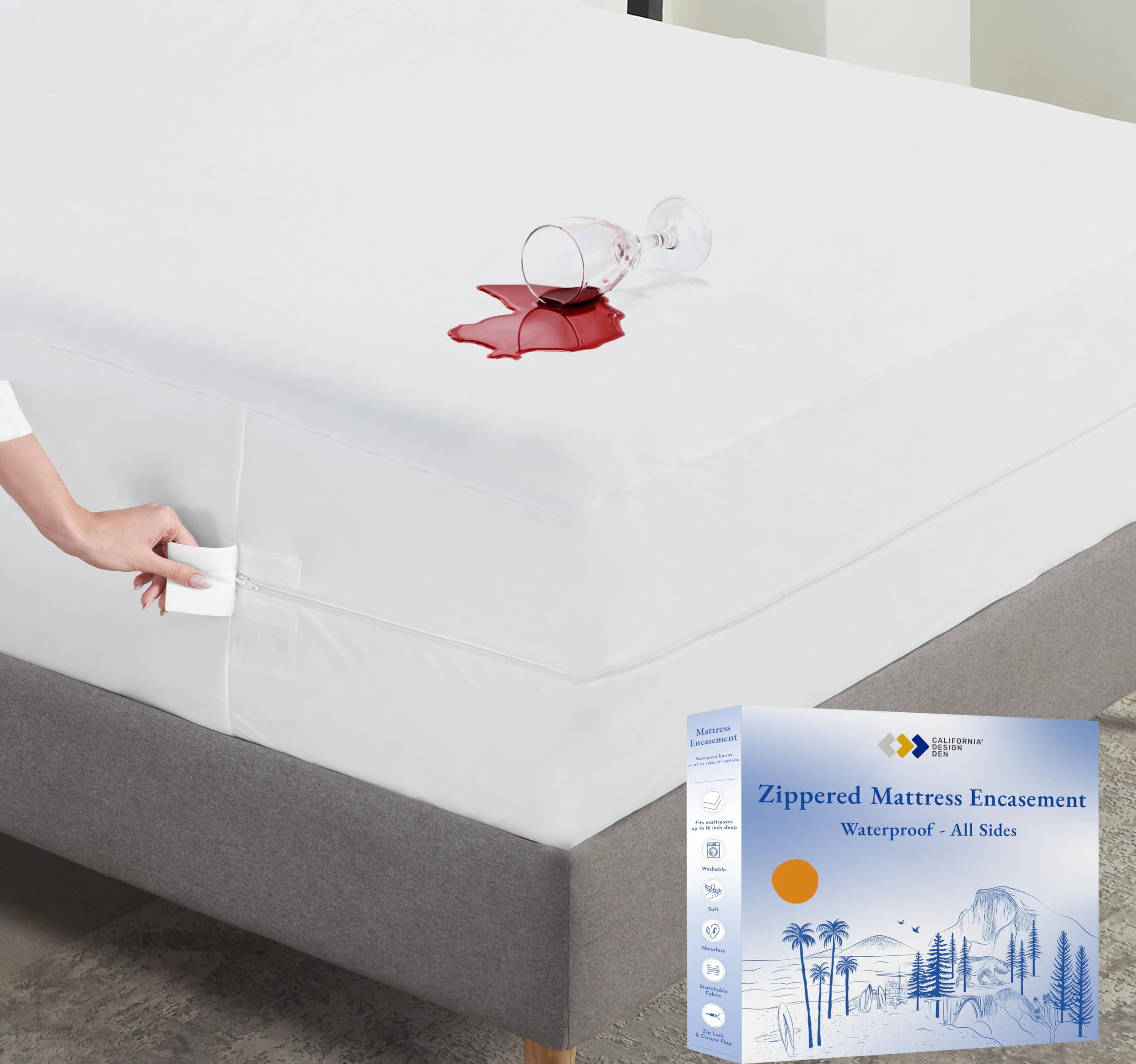 California Design Den100% Waterproof Zippered Mattress Encasement - King Size Mattress Cover - 6 Sided Protection - Premium Quality, Breathable and Durable Box Spring Cover King Size (White)