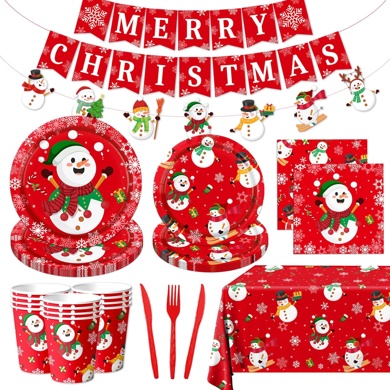 142Pcs Christmas Party Supplies - Snowman Plates and Napkins Merry Christmas Tableware Kit for Winter Holiday Party
