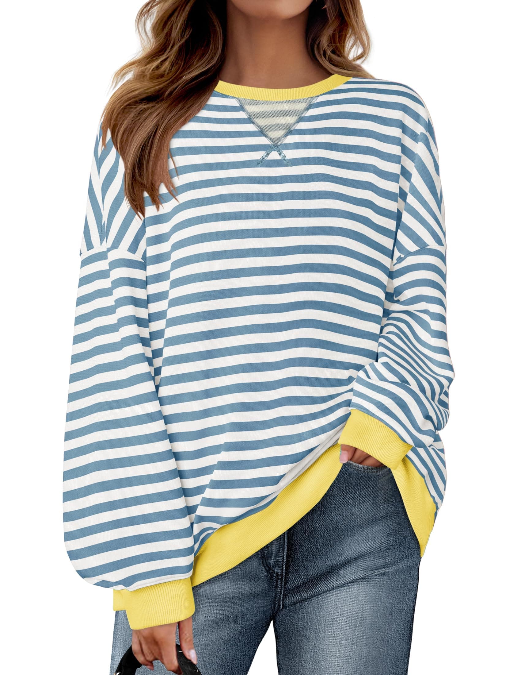 ZESICA Womens Casual Striped Pullover Tops Long Sleeve Shirts Crewneck Oversized Sweatshirts Spring Clothes