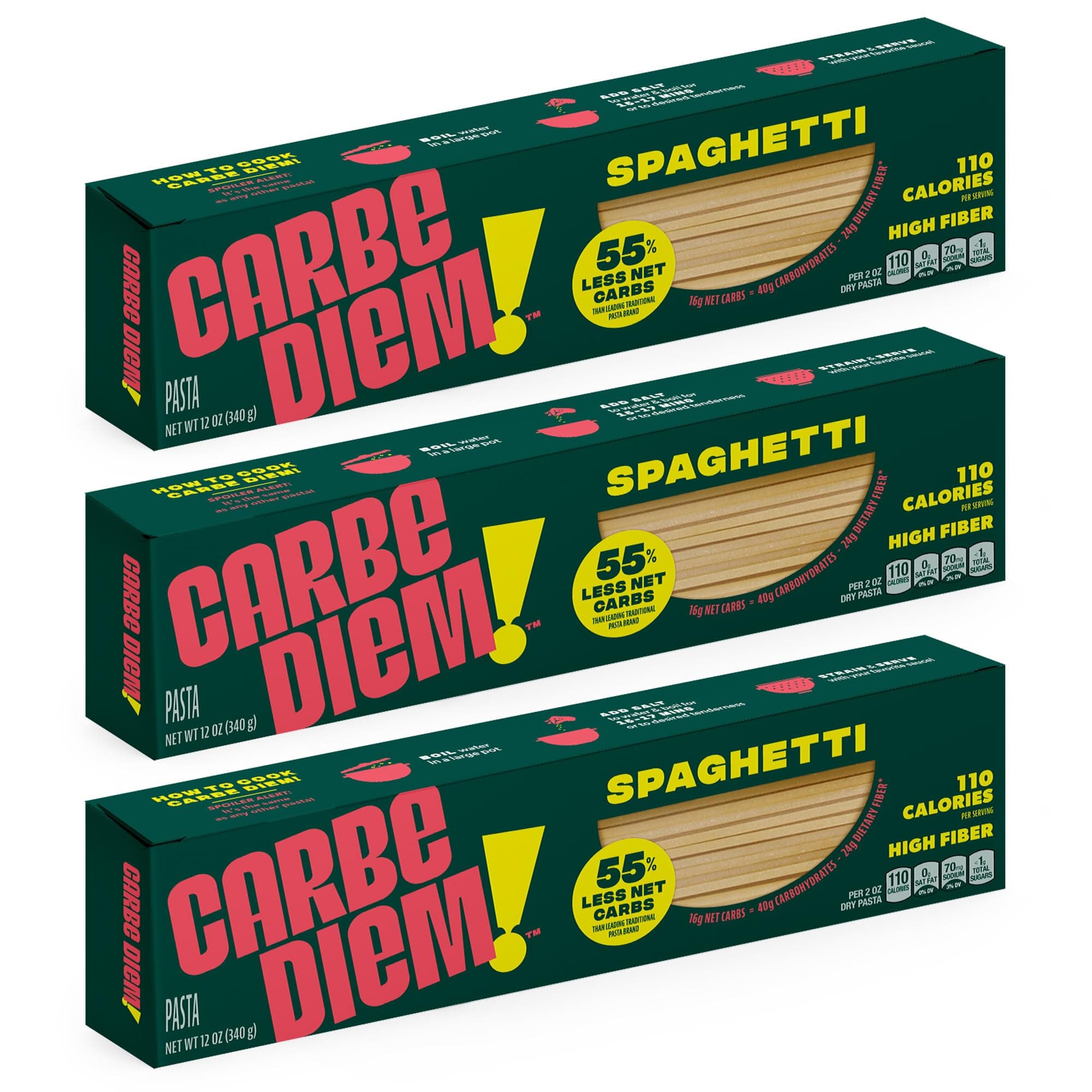 Carbe Diem!, Spaghetti, Lower Net Carb Pasta with Traditional Flavor & Texture, 8 grams of Protein, 55% Fewer Net Carbs & Only 110 Calories Per Serving, Pack of 3