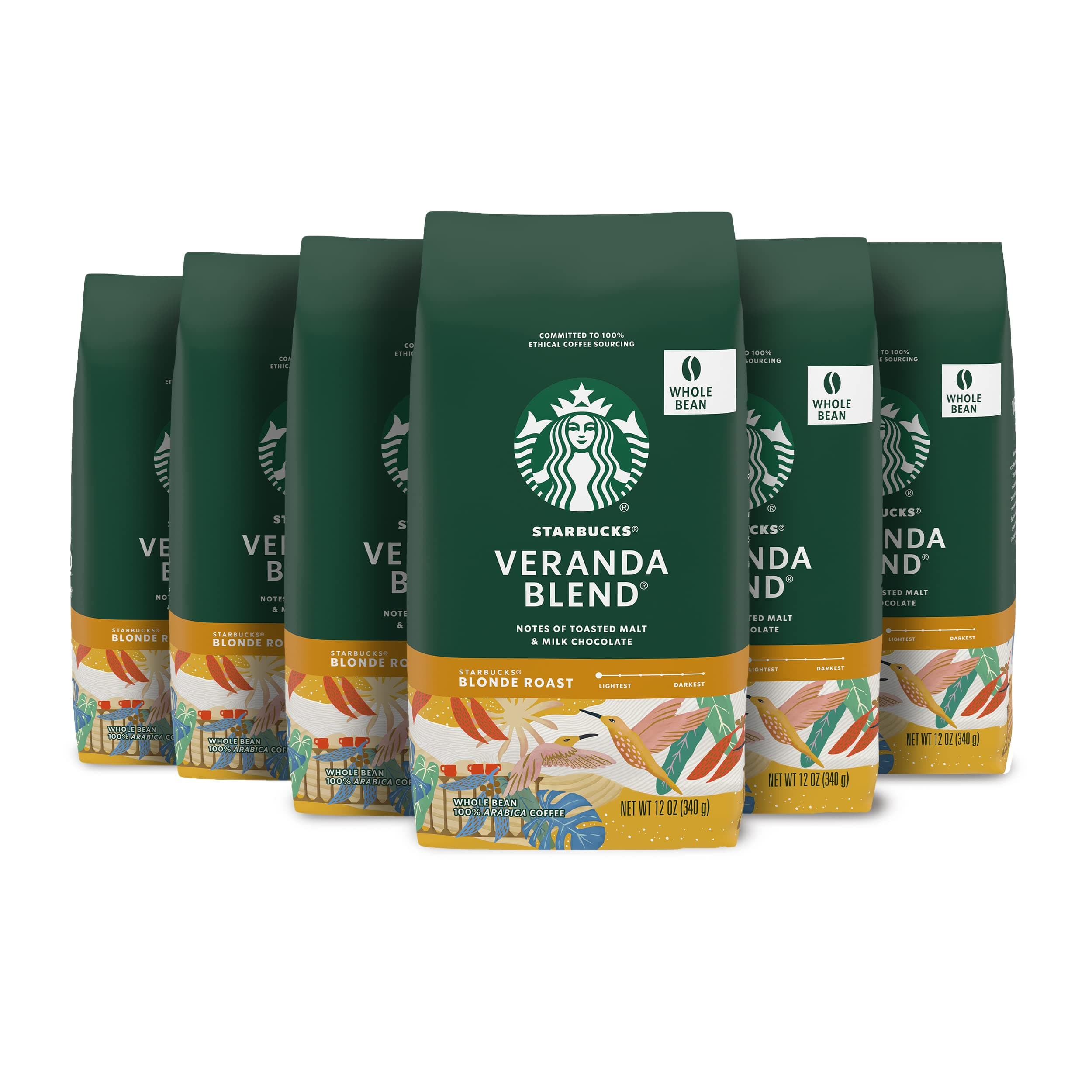 Starbucks Whole Bean Coffee—Starbucks Blonde Roast Coffee—Veranda Blend—100% Arabica—6 bags (12 oz each)