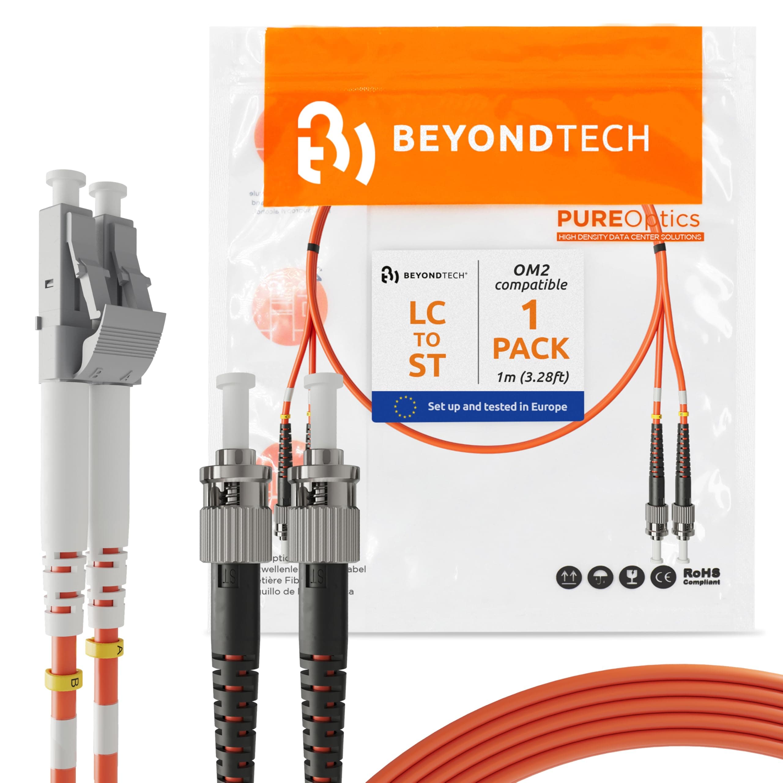 1m (3.28ft) LC to ST Fiber Patch Cable – UPC Multimode Duplex Fiber Optic Cable – 50/125µm core, Compatible with OM2 – LSZH PUREOptics Series