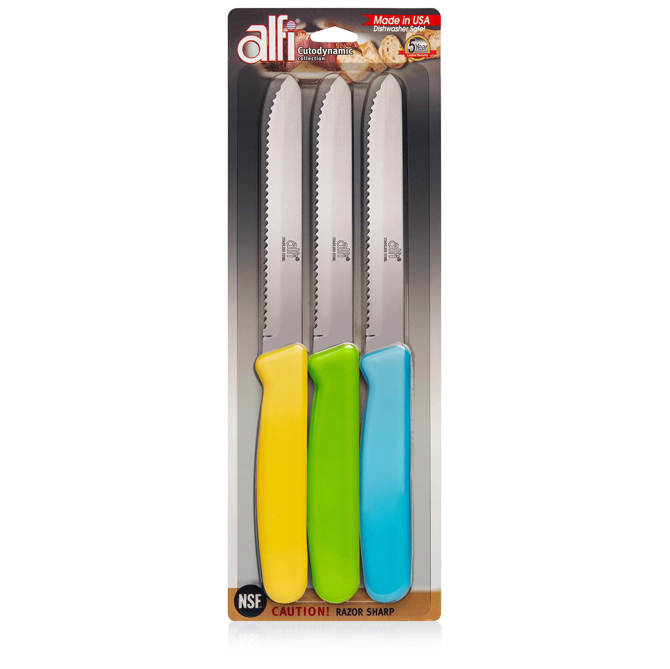Alfi All-Purpose Knives Aerospace Precision Rounded Tip - Home And Kitchen Supplies - Serrated Steak Knives Set | Made in USA (3 Pack, Multicolor)