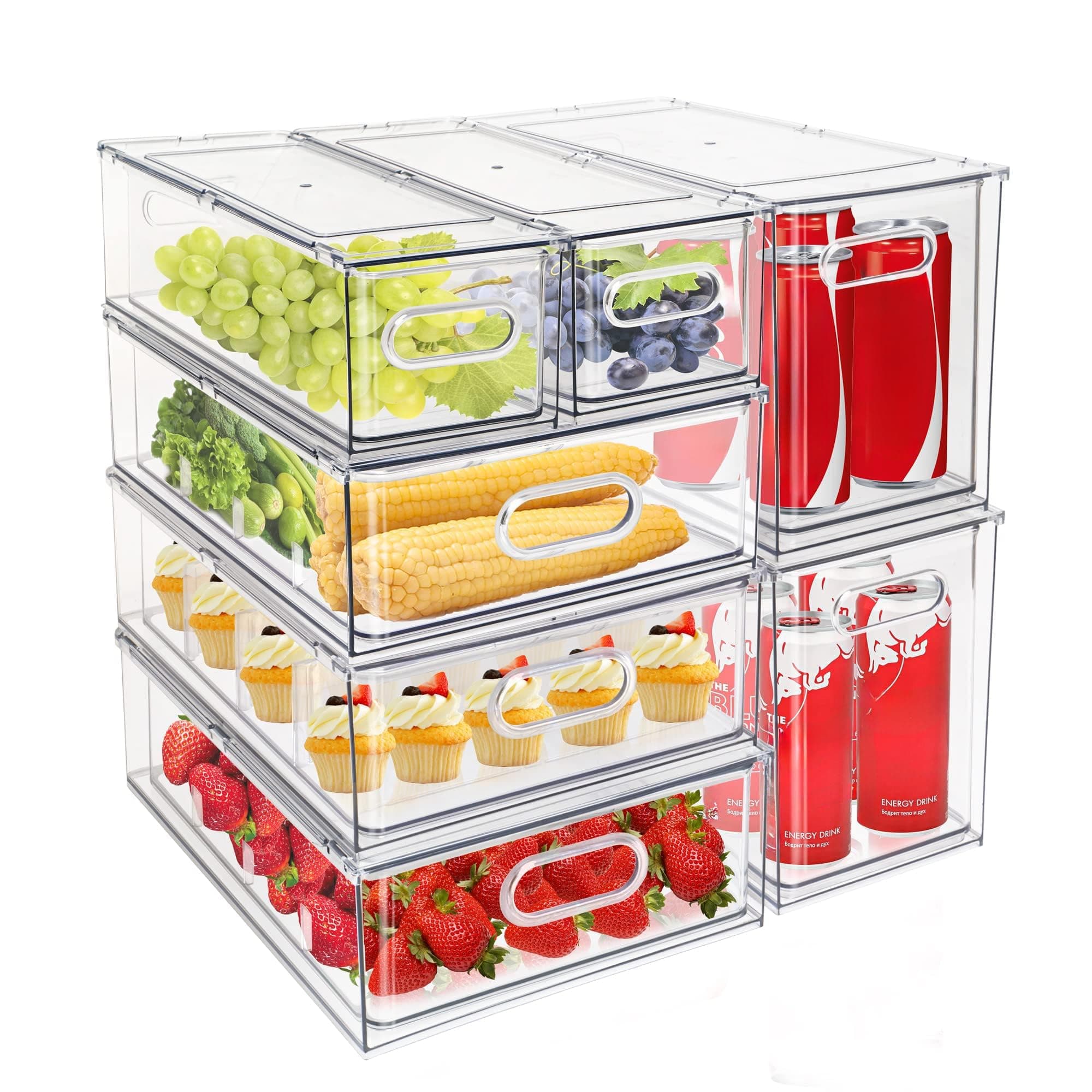 Mano Stackable Fridge Drawers Pull Out Bins with Handle Clear Refrigerator Drawers Organizer Food Storage Container Box with Dividers Plastic Produce Saver for Pantry, Cabinet, Kitchen, Clothes（7Pack）