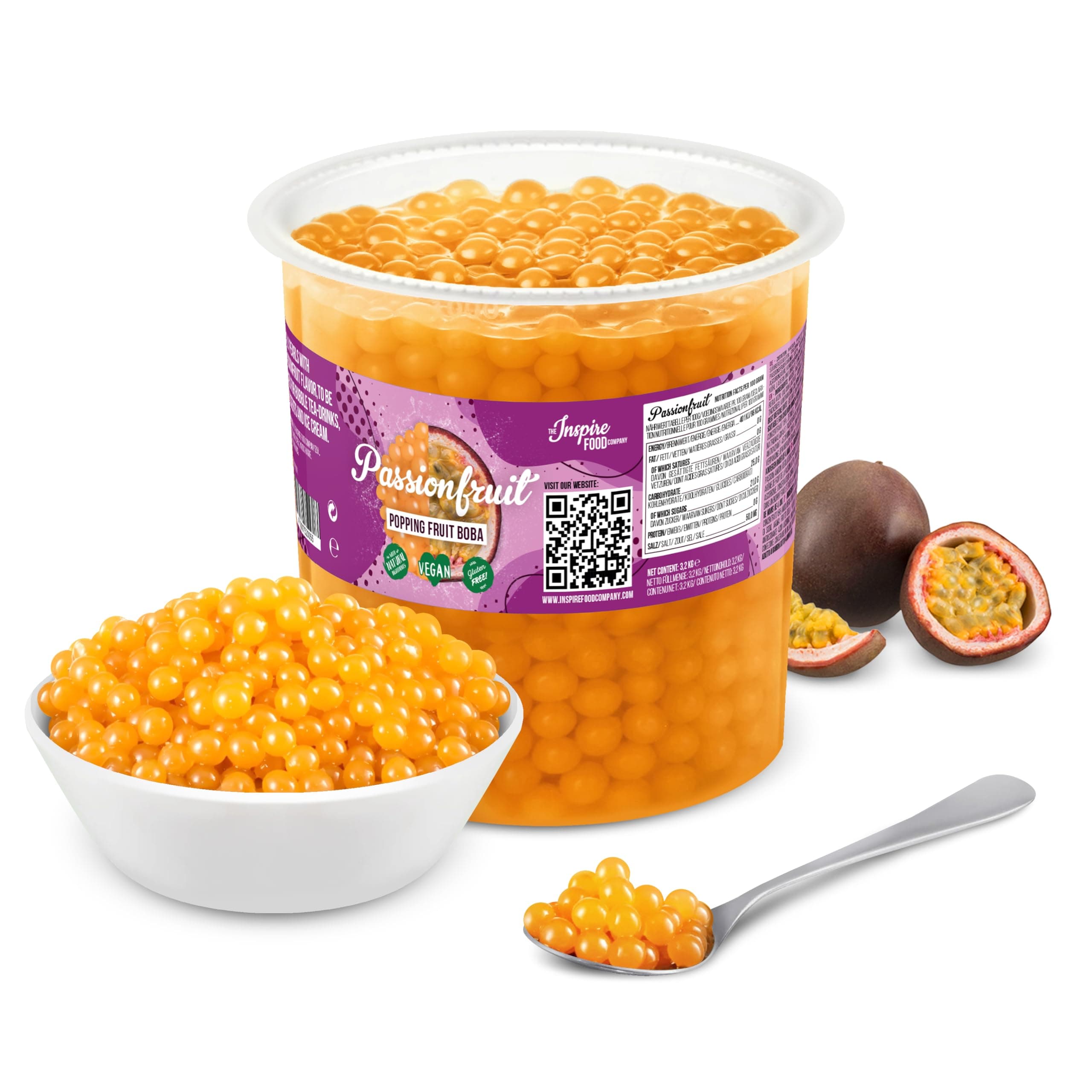 The Inspire Food Company Popping Boba Pearls for Bubble Tea - 3.2KG | Passionfruit | Bursting Pearls Bubble | Real Fruit Juice For Shakes, Smoothie | 100% Vegan & Glutenfree, No Artificial Colors