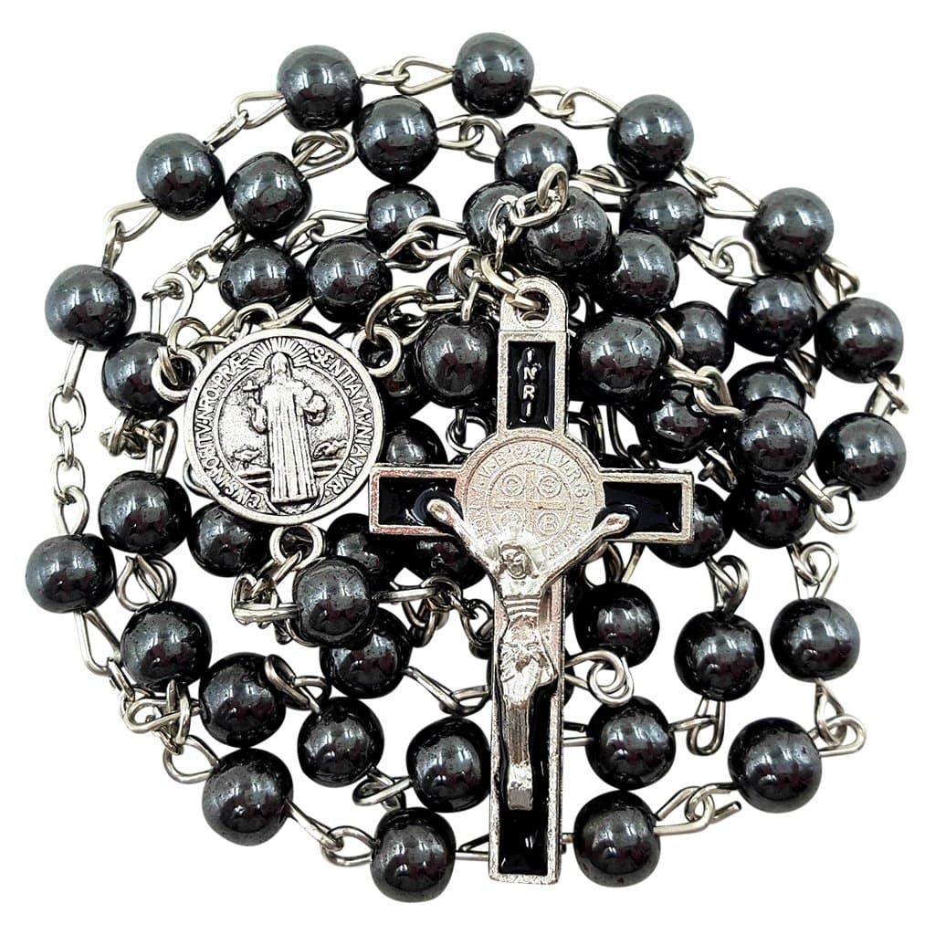 BLESSED CATHOLIC ROSARY NECKLACE Black Hematite Beads Saint Benedict Medal & Cross Crucifix in Gift Box