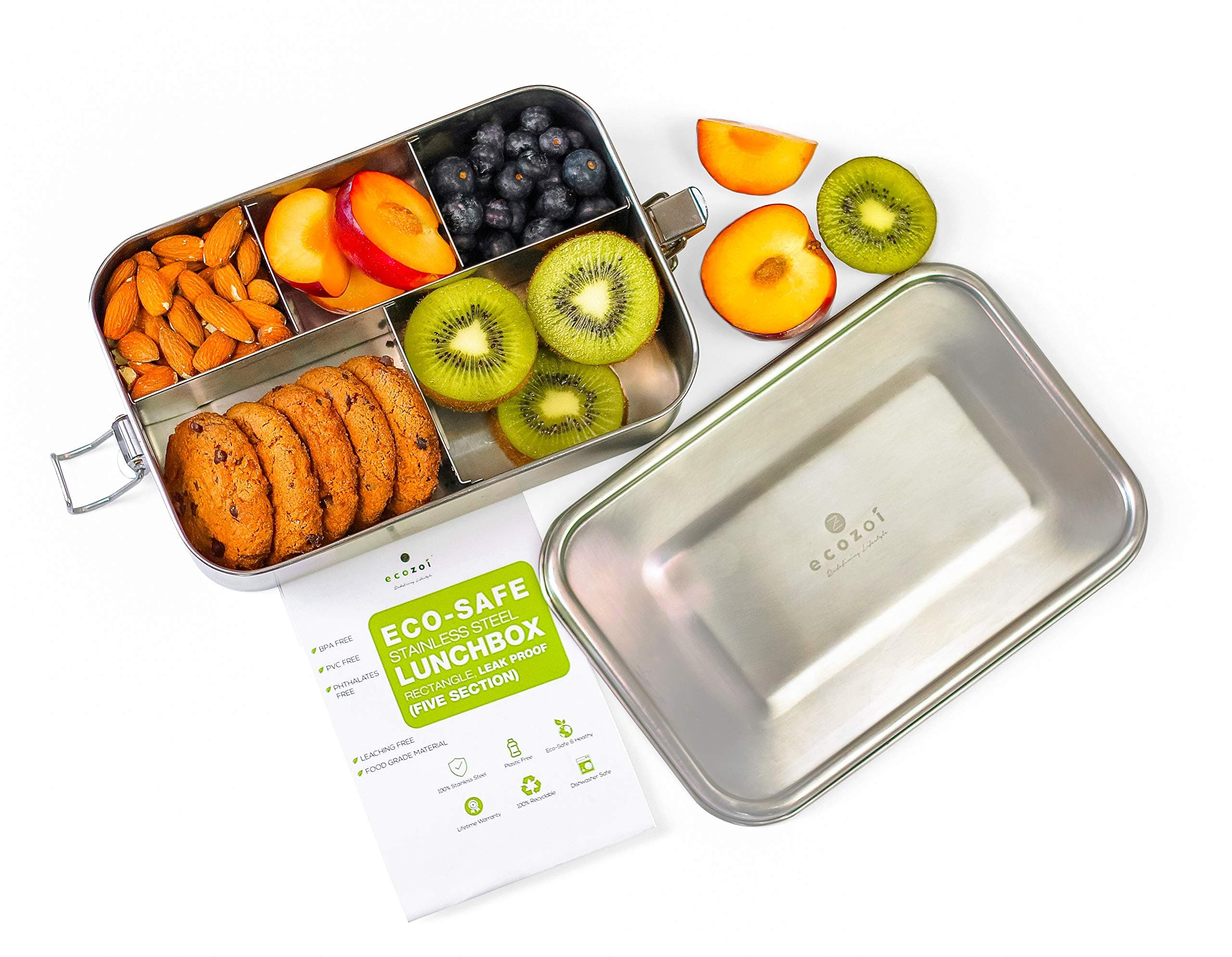ecozoi LEAK PROOF EXTRA LONG Stainless Steel 5 COMPARTMENT Eco Lunch Box | REDESIGNED Silicone Seal | Sustainable Zero Waste Eco Friendly Bento Box Food Storage Container