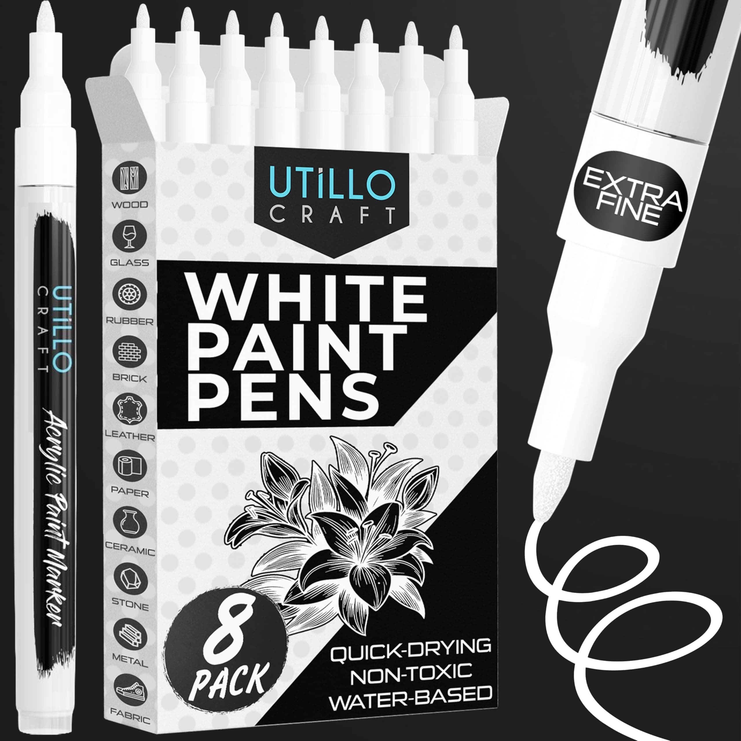 - White Paint Pen (8-Pack) Extra Fine 0.7mm | White Paint Markers for Metal, Fabric, Wood, Glass, Paper, Plastic, Rock, Leather | Bold Color Permanent White Acrylic Paint Pen | Artist DIY
