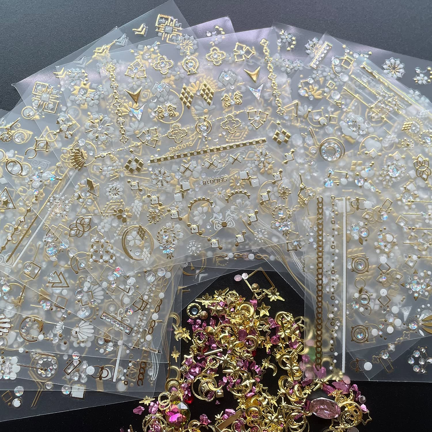 Zoance 20 Sheet 3D Nail Art Stickers,Gold/Diamond Design Luxury Embossed Self-Adhesive Nail Decals Customized Metallic Flower Nail Stickers for Women Girls Salon Home DIY Nail, Tweezers Included