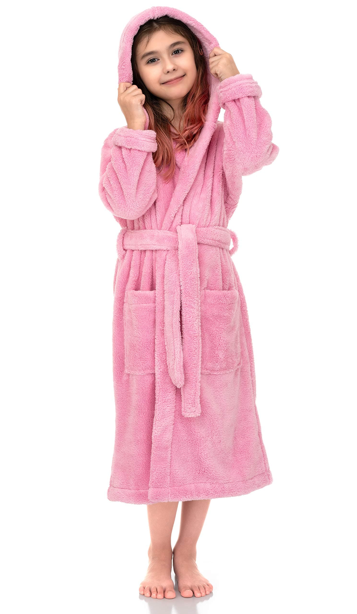 TowelSelectionsGirls Robe, Kids Soft Plush Hooded Fleece Bathrobe