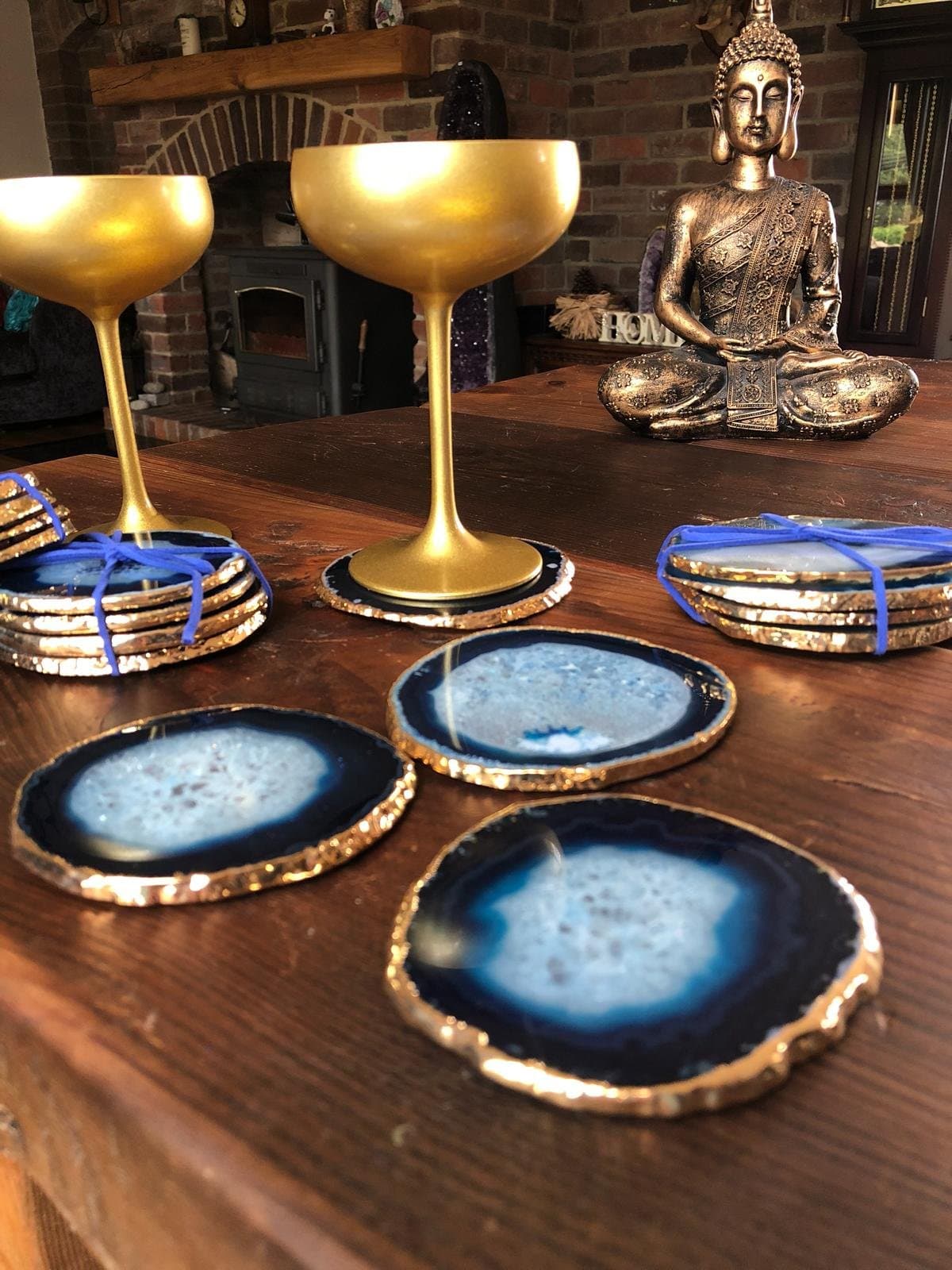 Blue Agate 24ct Gold Edge, Gilded, Microcrystalline Quartz Premium Coasters (set of 4) Gift