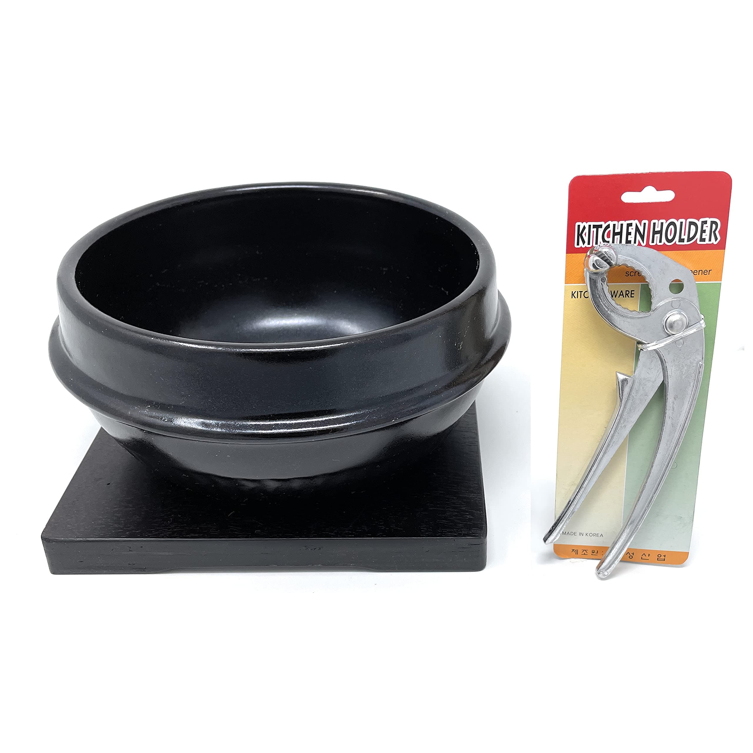 Jovely Korean Cooking Premium Ceramic Stone Bowl(Dolsot or Ddukbaegi) Diameter 6.3'' High 2.95'' Sizzling Hot Pot for Korean food such as Bibimbap and Soup (with Wood Tray and Special Bowl Tong Set)