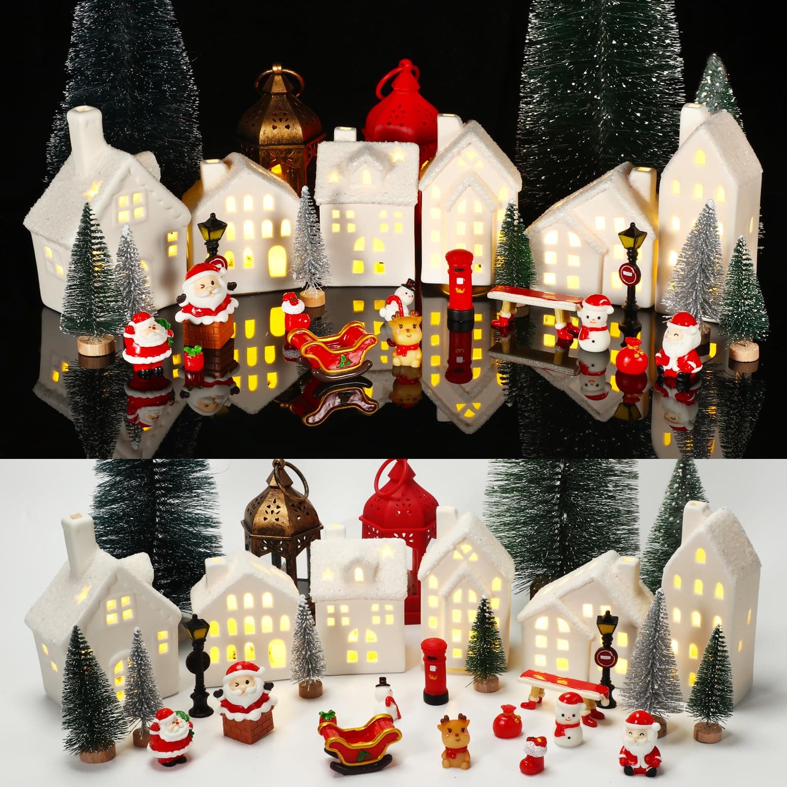 Sliner 30 Pcs Ceramic LED Lighted Christmas Village Houses Miniature Figurines Set Christmas Building with Resin Figurines Ornaments Pine Tree Elk Santa Claus for Fairy Dollhouse Decoration (White)