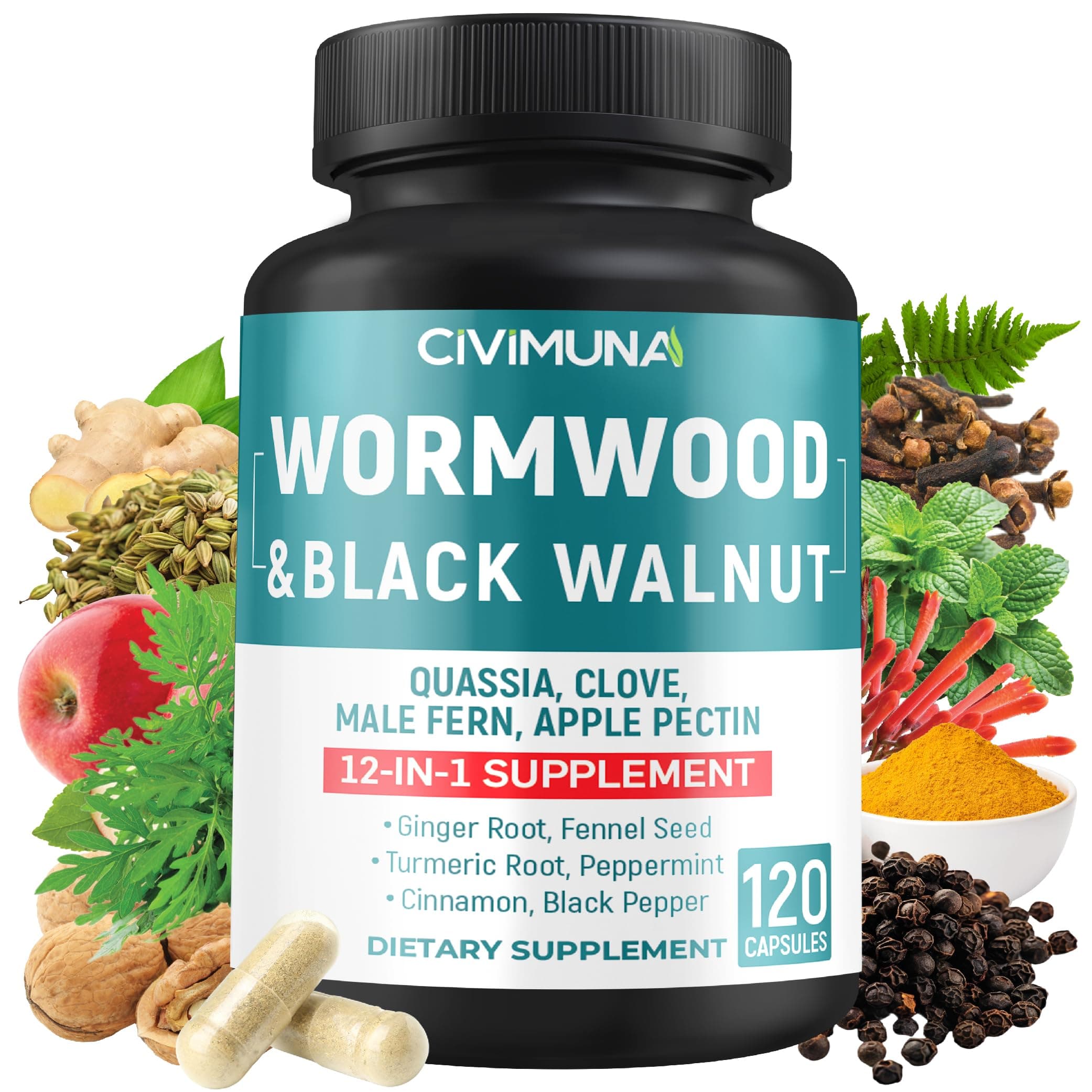 Wormwood Extract Capsules -120 Capsules - 4 Months Supply with Black Walnut Leaves, Quassia
