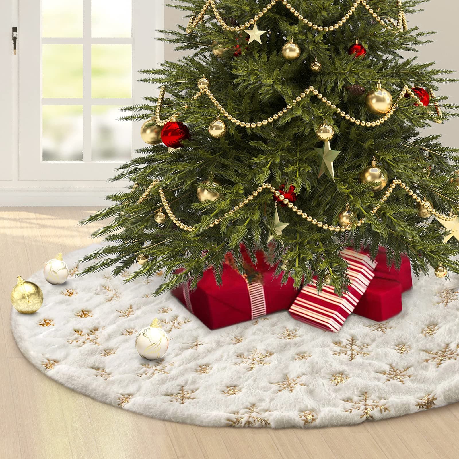 Christmas Tree Skirt，48inch Xmas Tree Skirt with Gold Snowflakes，Faux Fur Christmas Tree Skirt as Christmas Tree Decoration for Merry Xmas Holiday Party -Christmas Tree Cover for Base White