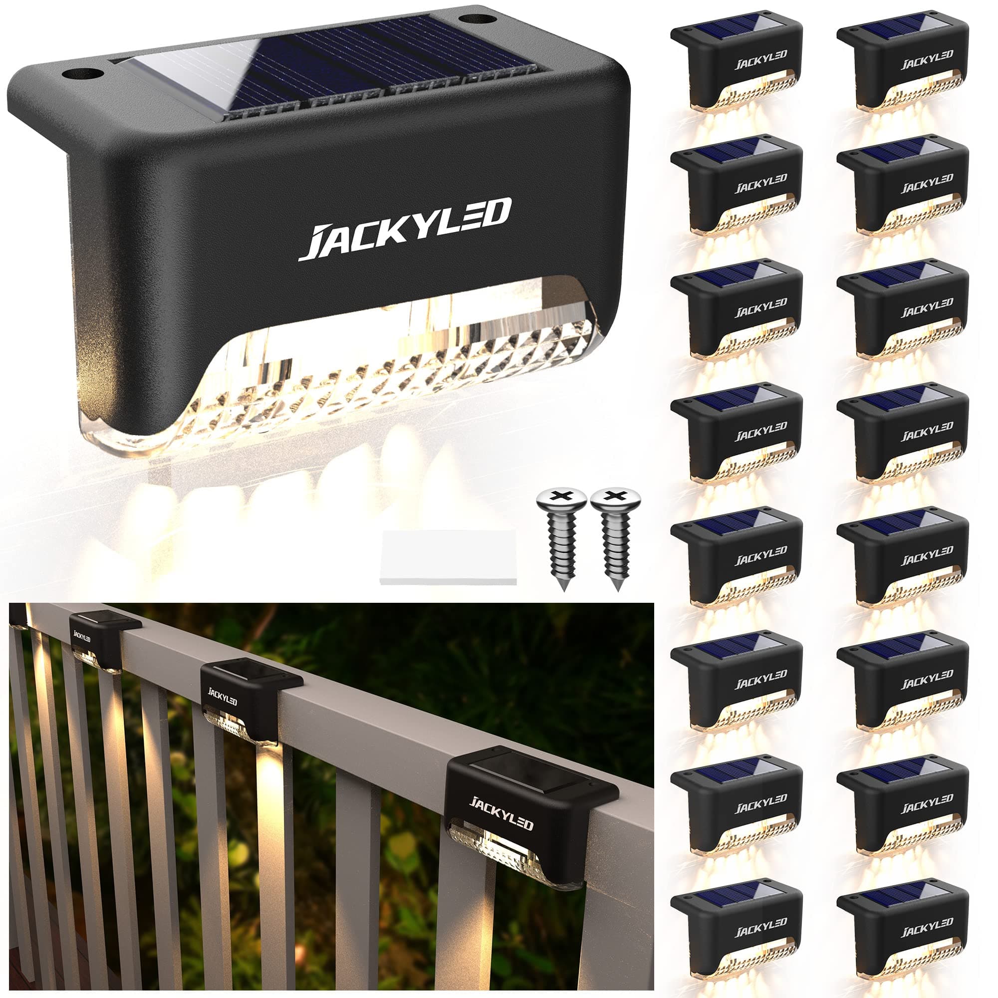 JACKYLED 16 Pack, Step Lights Waterproof LED Solar Power Outdoor Fence Light for Deck Stair Railing, Outside Lighting for Wall Garden Backyard Patio Balcony Decor, ABS, White, 79 x 43 x 48 mm