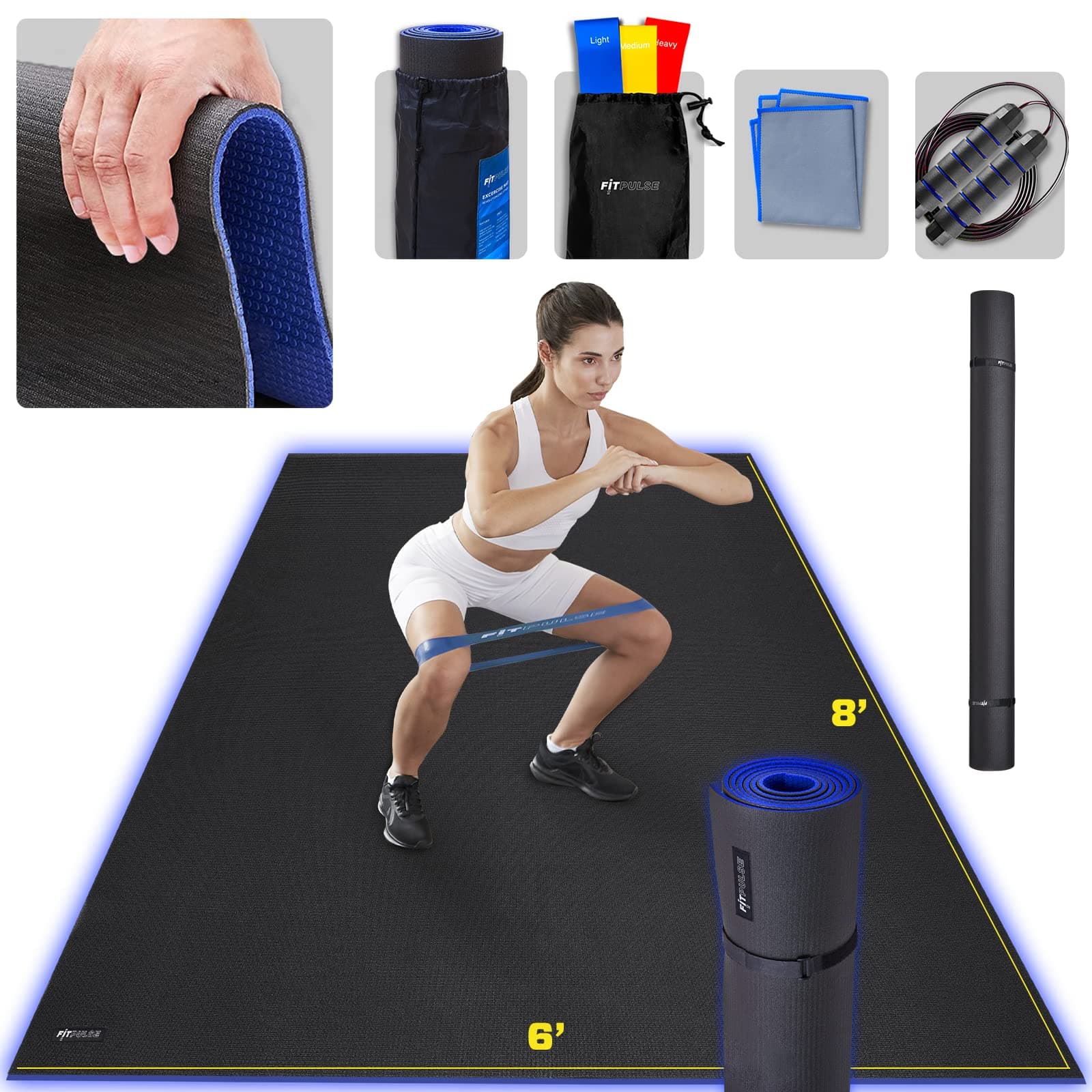 FITPULSE Large Exercise Mat 8 x 6 ft 7mm Thick - Premium & Ultra-Durable Non-Slip Rubber Workout Mat for Home Gym - Perfect for Cardio, Yoga & Weights - BONUS Jump Rope, Bands, Towel & Storage Bag
