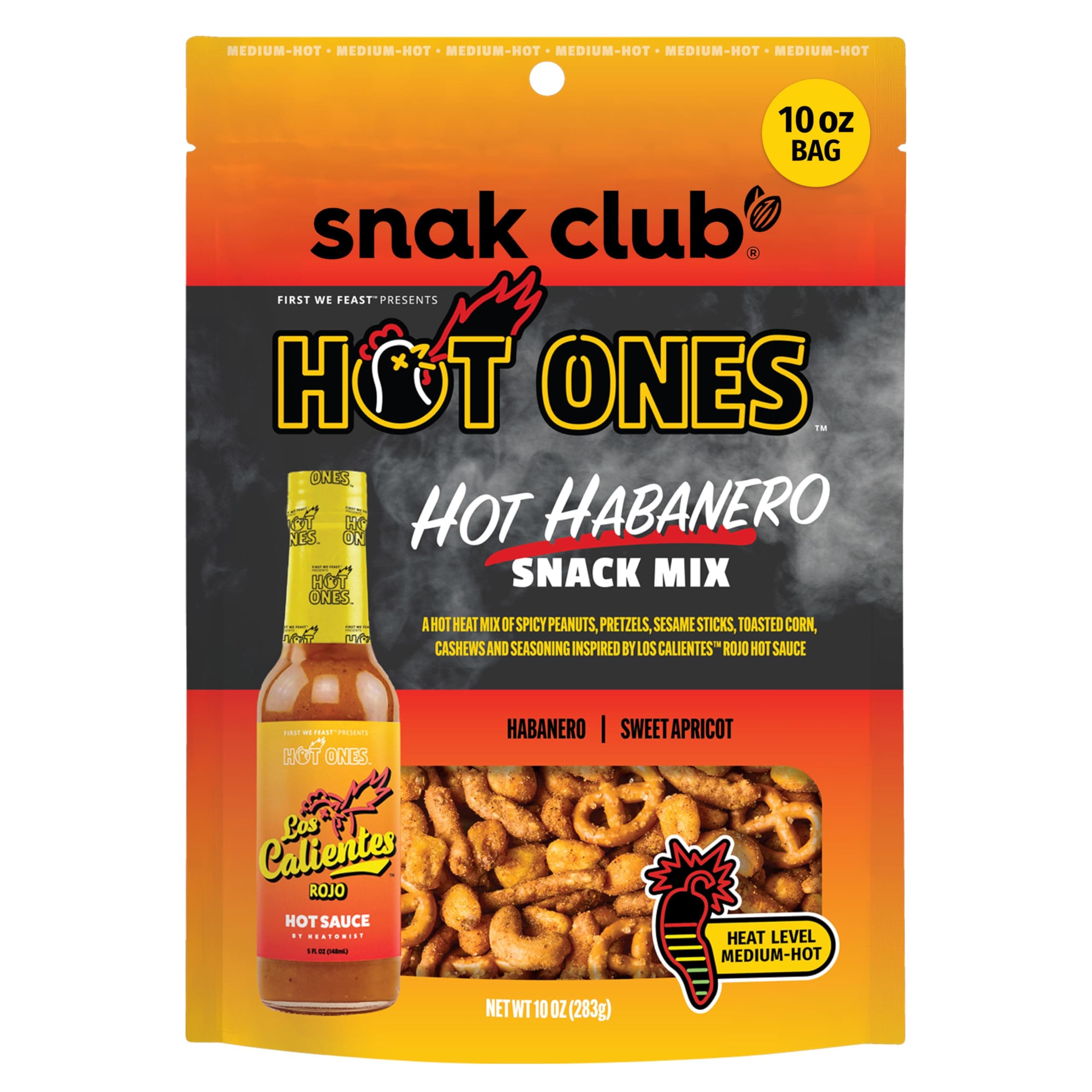 x Hot Ones Hot Habanero Snack Mix, Spicy Snacks with Peanuts, Pretzels, Sesame Sticks, Toasted Corn & Cashews, Inspired by Hot Ones Hot Sauce, 10 oz Bag