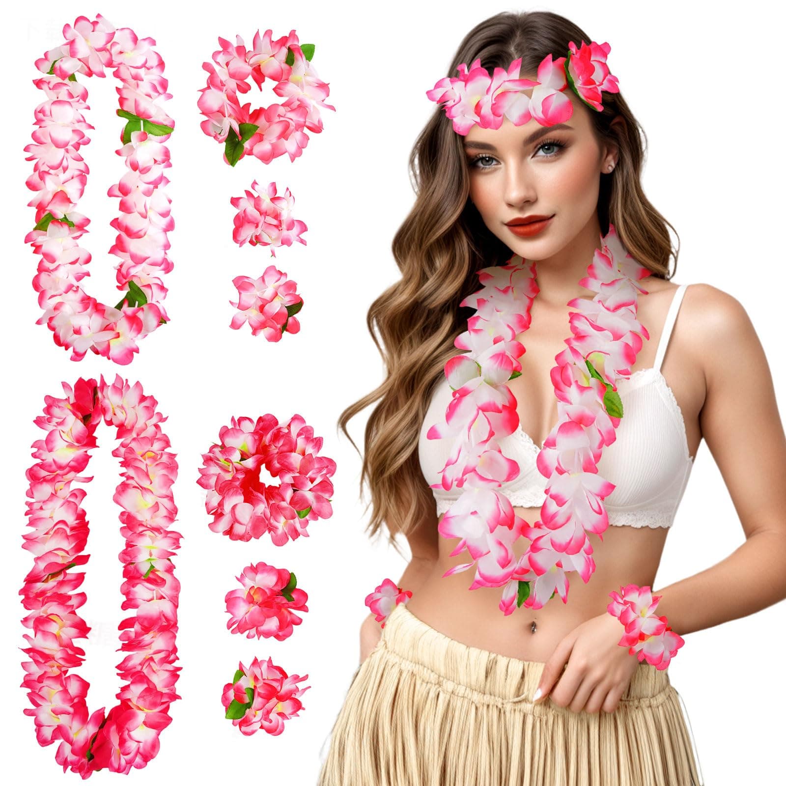 DOCILA8 Pcs Pink Hawaiian Tropical Floral Leis Crown Party Garland Bracelet Set, May Day Headbands for Luaus, Beach, Graduation, Summer Favors