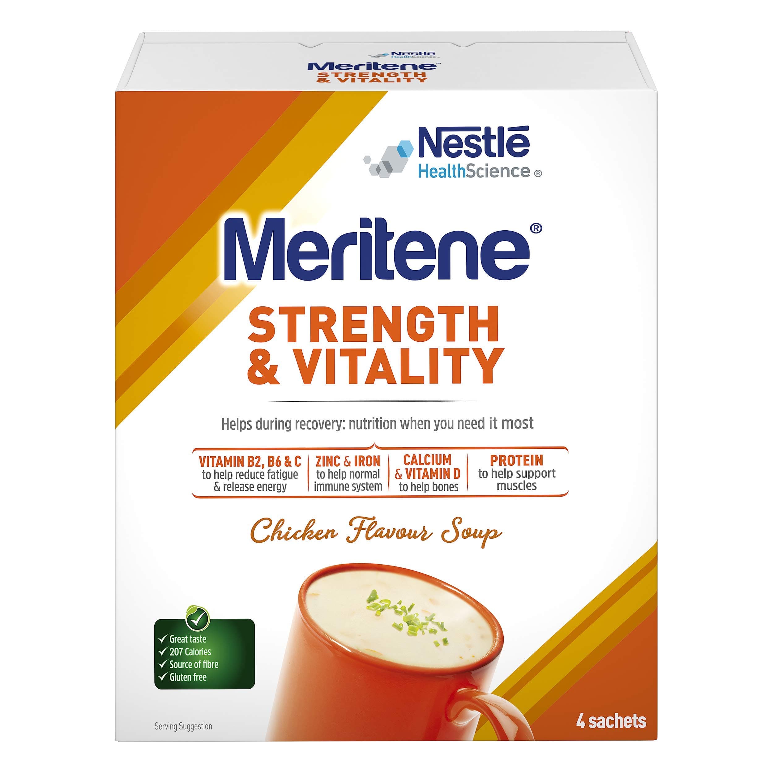 Meritene Strength and Vitality Chicken Soup, 50g Sachets, Pack of 4 (Contains Protein, Calcium, Vitamin D, Zinc, Iron, Vitamin B2, B6 & C. To help reduce fatigue & release energy)
