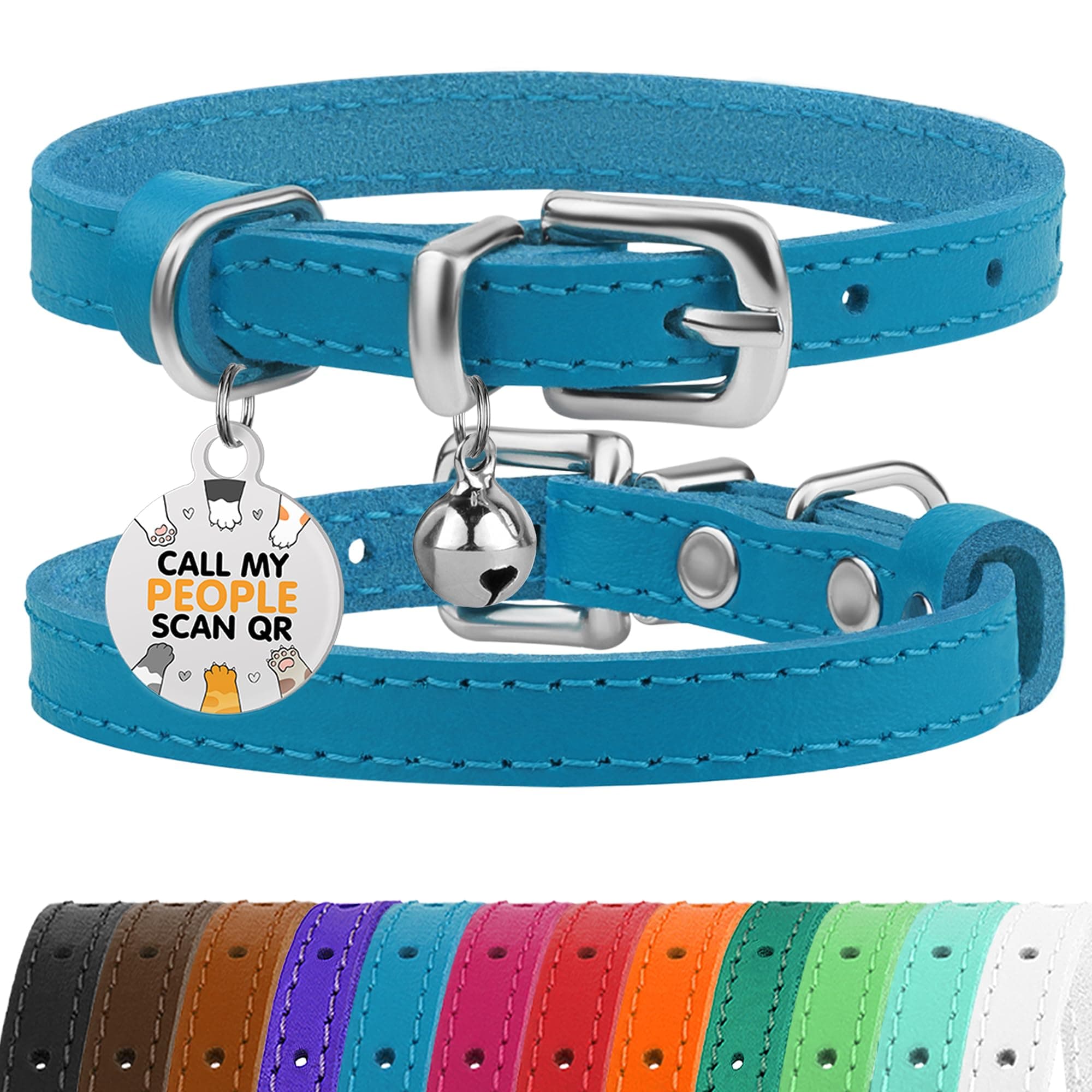 BRONZEDOG Leather Cat Collar with Removable Bells Non Breakaway Kitten QR Tag for Girl Boy (9" - 12" Cats/Mini Dogs, Blue & Silver)