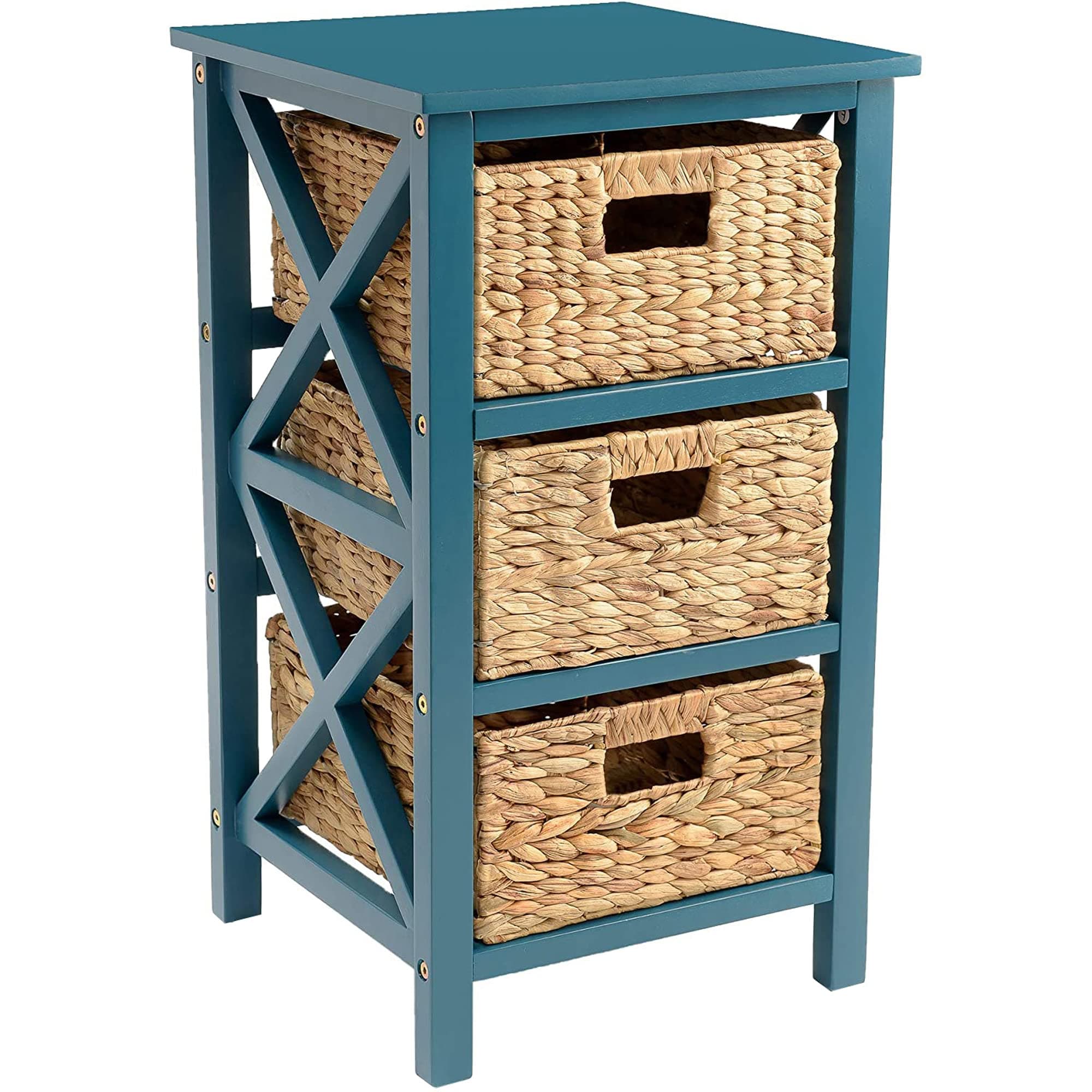 eHemco 3 Tier X-Side Storage Drawer with 3 Wicker Baskets, Teal