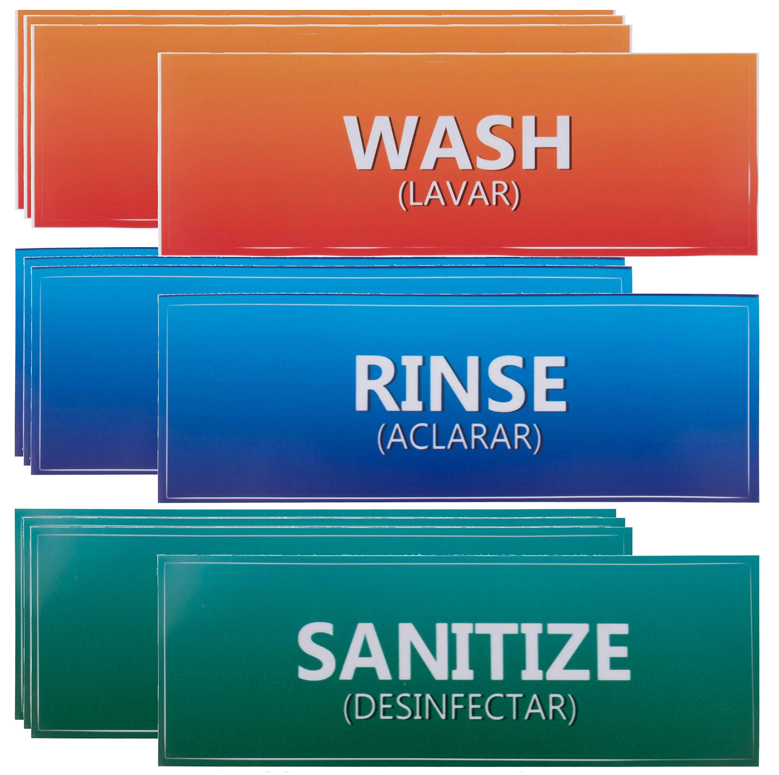 Sink Signs - 12-Pack Sink Sticker Labels, Wash Rinse Sanitize Labels for 3 Compartment Sink, Food Prep Sign in English and Spanish, for Restaurant, Kitchen, Food Truck, Dishwashing, 8.49 x 2.7 Inches