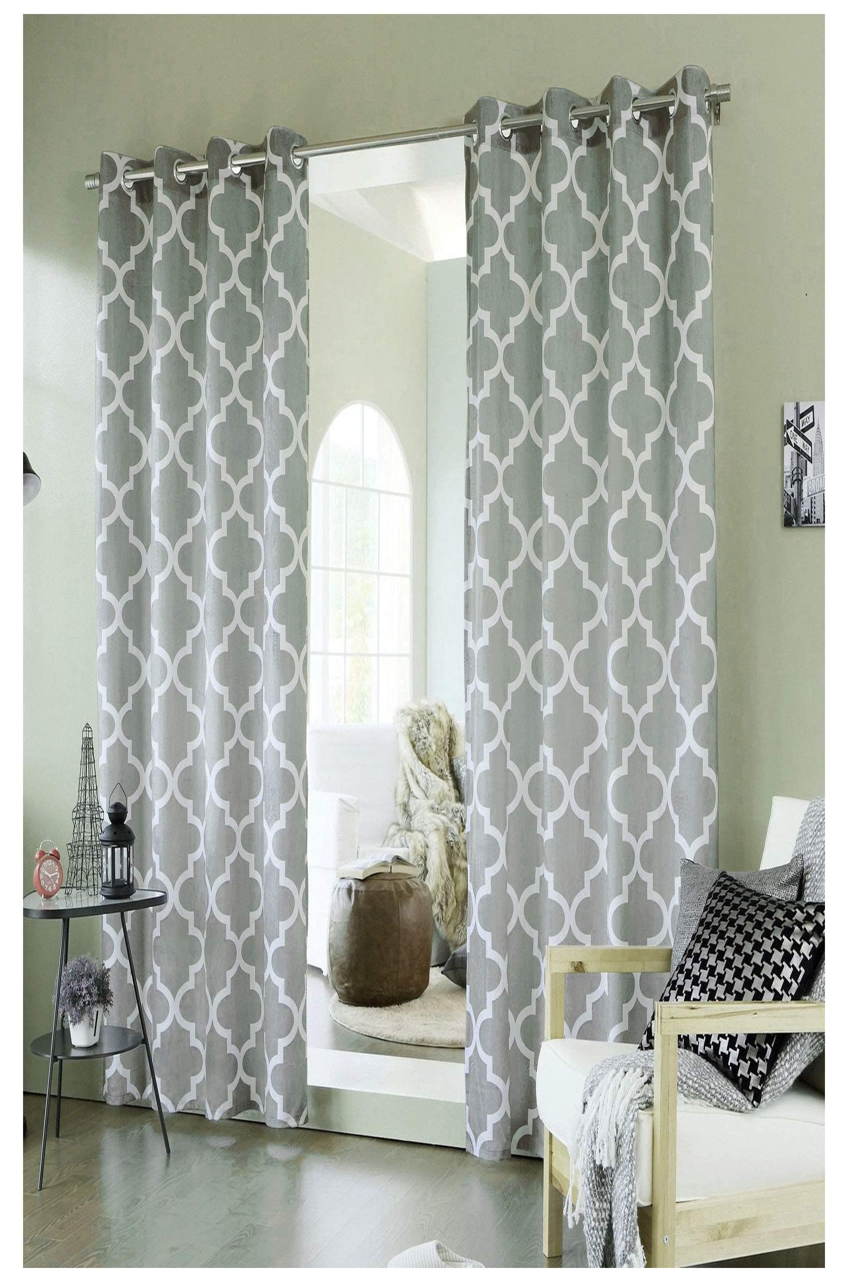 Pair Of Light GREY Morroccan Geometric Eyelet Ring Top BLACKOUT/DIMOUT Curtains 90" drop