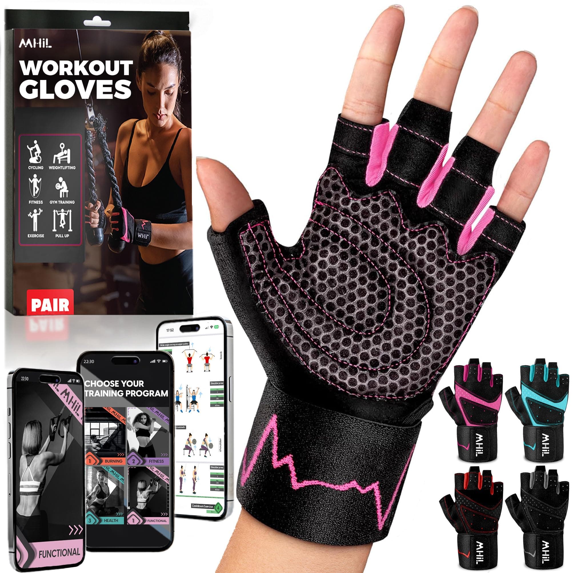 MhIL Workout Gloves Mens & Womens – Weight Lifting Gloves Male & Female, Gym Gloves for Men – Exercise Gloves, Training Gloves with Wrist Support for Work Out, Fitness, Pull up, Weightlifting, Rowing