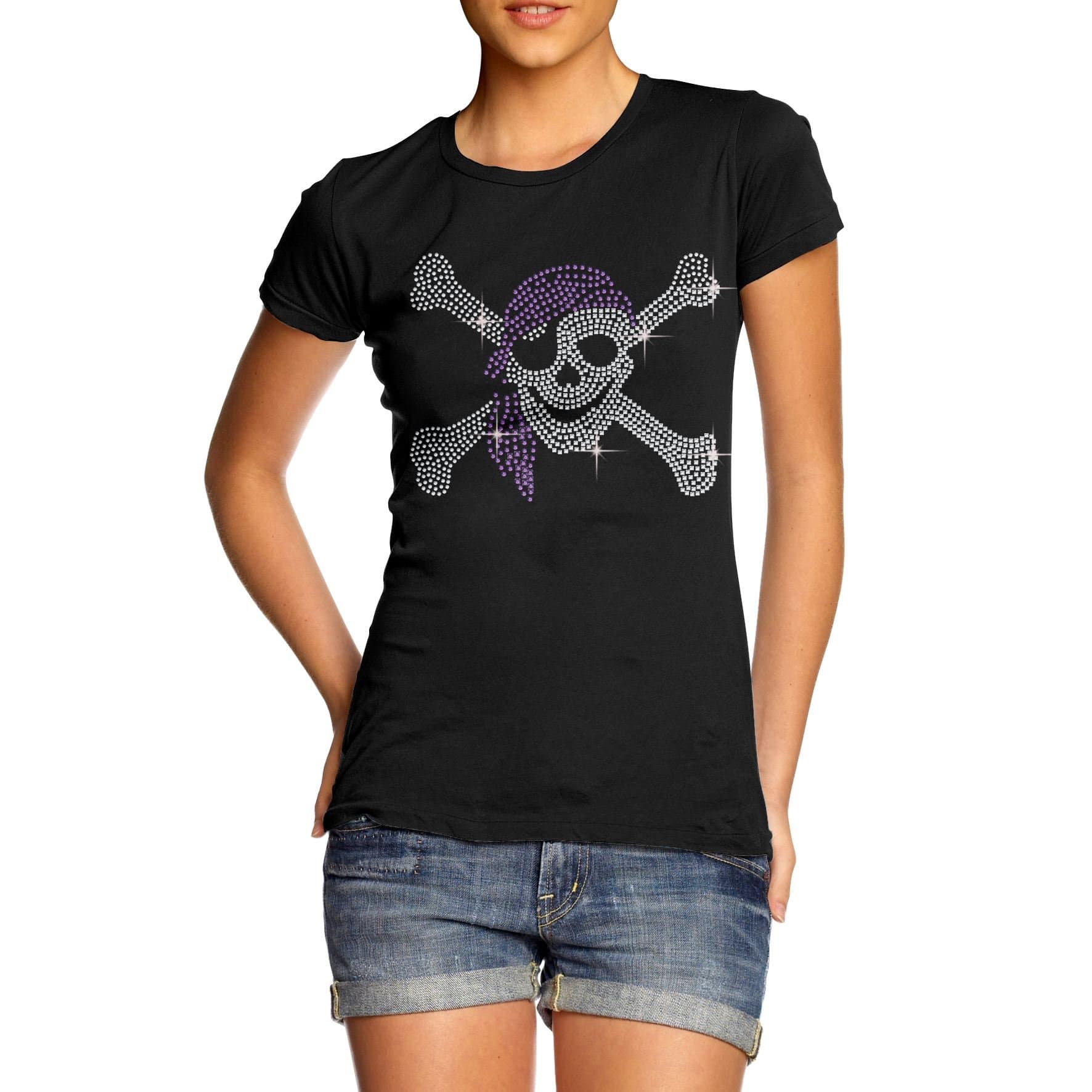 WOMENS PIRATE SKULL X BONES RHINESTONE DIAMANTE T SHIRT LADIES ADULT SIZE 10-16[Black,Womens Size 14]