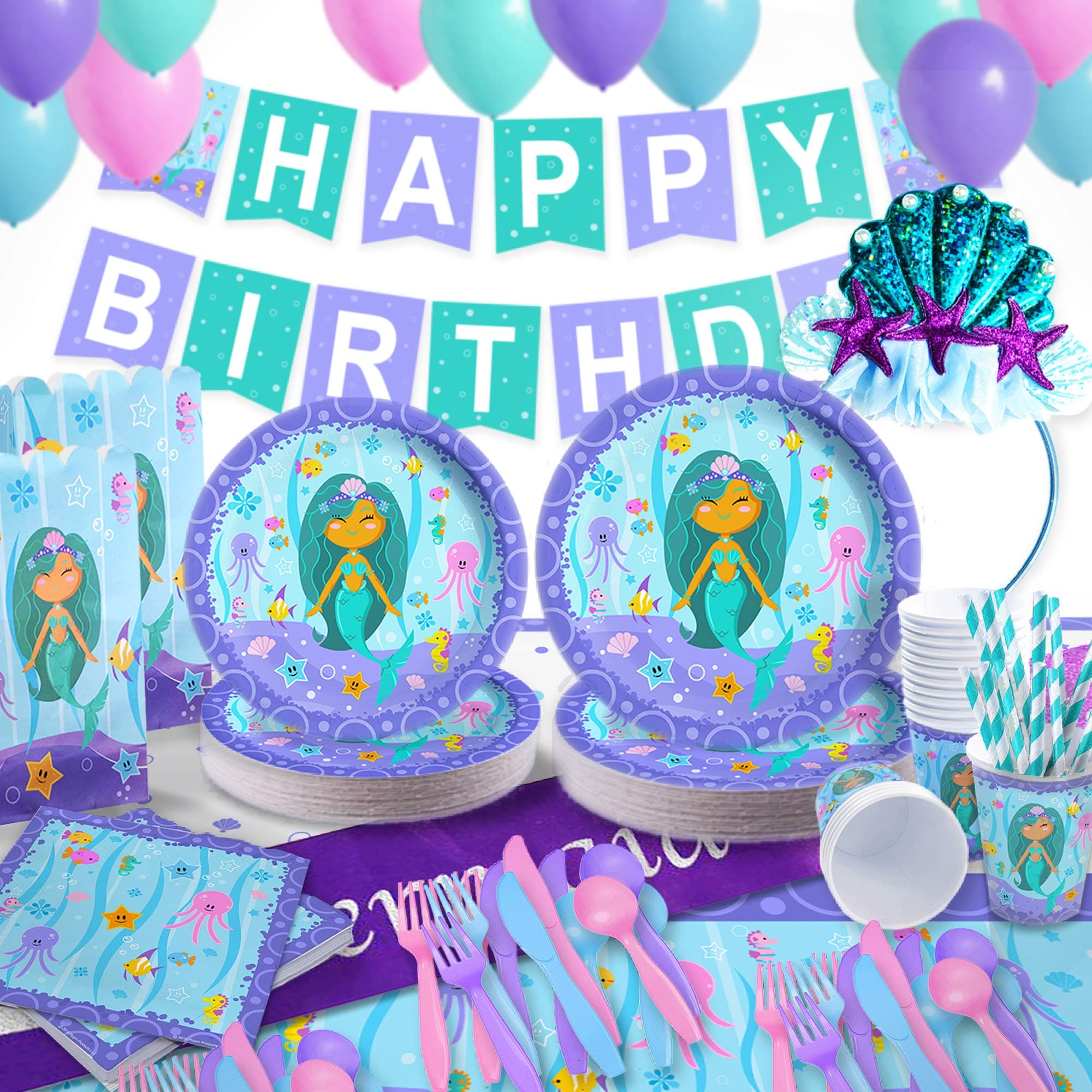 Mermaid Party Supplies Set with Mermaid Party Decorations | BONUS Mermaid Birthday Headband and Princess Sash | Serves 16 | Disposable Tableware | Favor Bags and Balloons | by Pippin Products