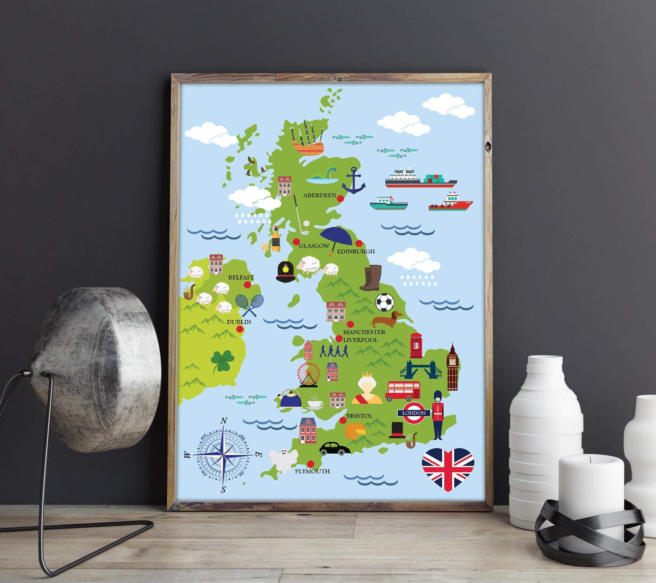 Cute Kids Cartoon Map of United Kingdom Kids Room Wall Art Nursery Print